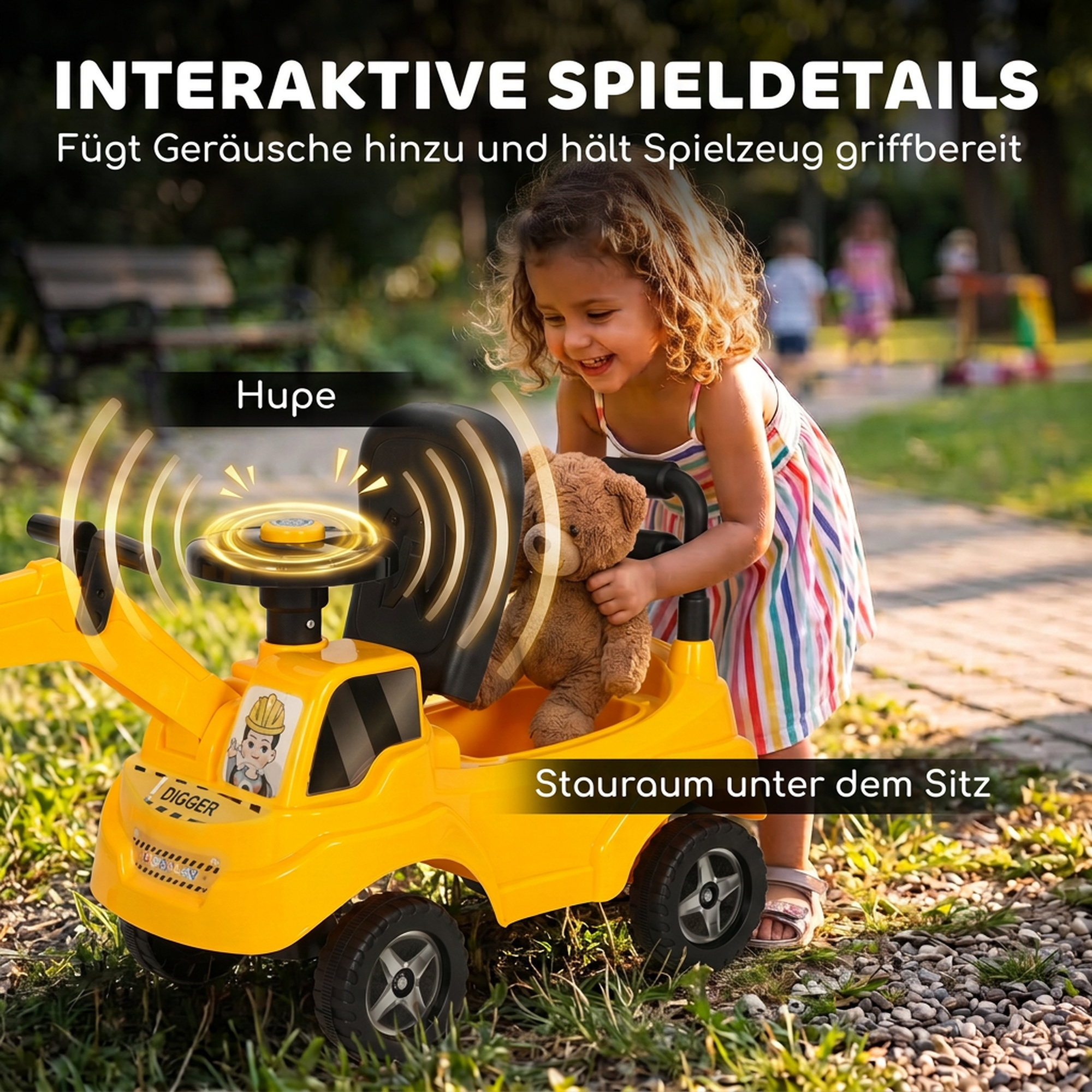 Sitzbagger Kinder Aufsitzbagger mit Schaufel Lenkrad Kinderbagger mit Hupe, Stauraum unter dem Sitz für 1-3 Jahre