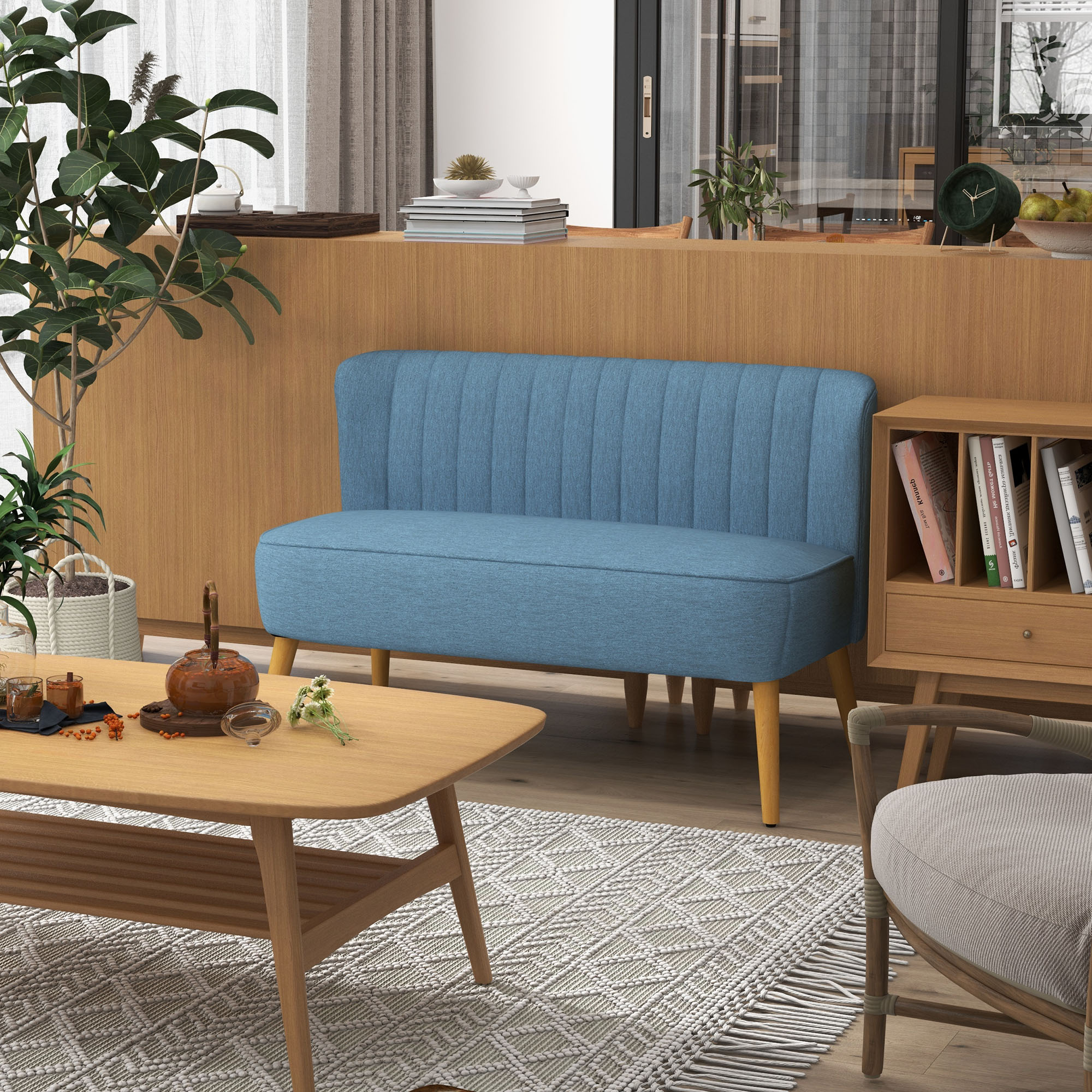 2-Sitzer Sofa im Retro-Look, weiche Polsterung, pflegeleichter Bezug, bis 150 kg, 117 x 56,5 x 77 cm, Blau