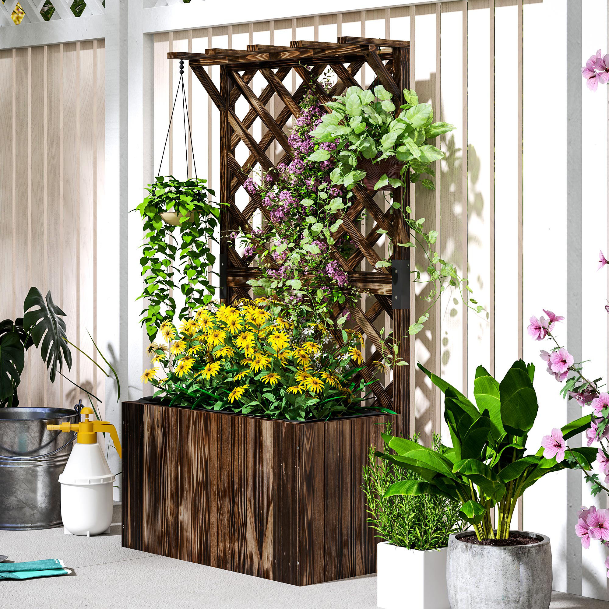 Hochbeet Pflanzkasten mit Rankgitter, Spalier Pflanzkübel Blumenkasten Holz, Gartenspalier 64 x 33 x 122cm Verkohlt