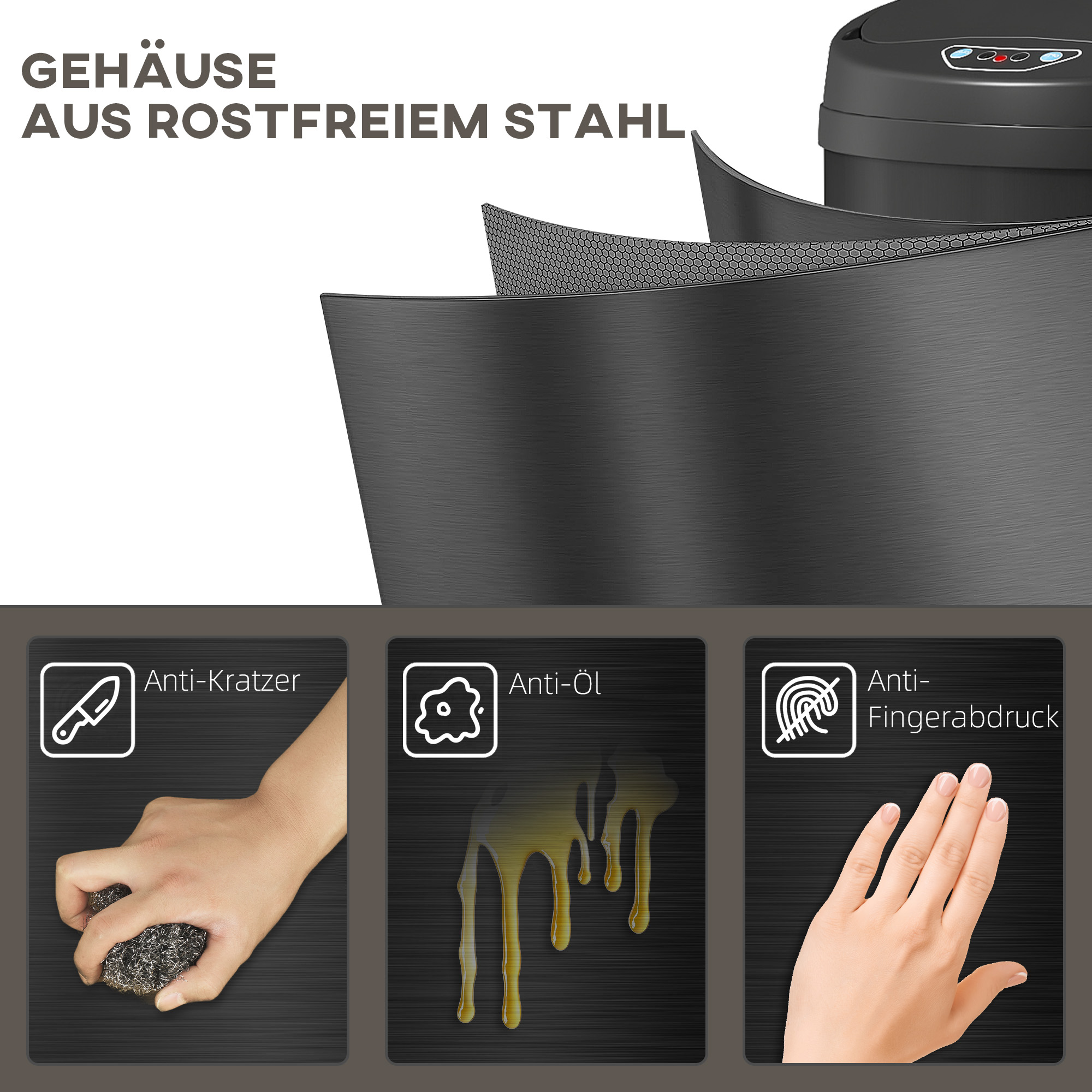 30 Liter Sensor-Mülleimer mit Soft-Close-Funktion, berührungsfreier Abfalleimer aus Edelstahl für hygienische Küchen