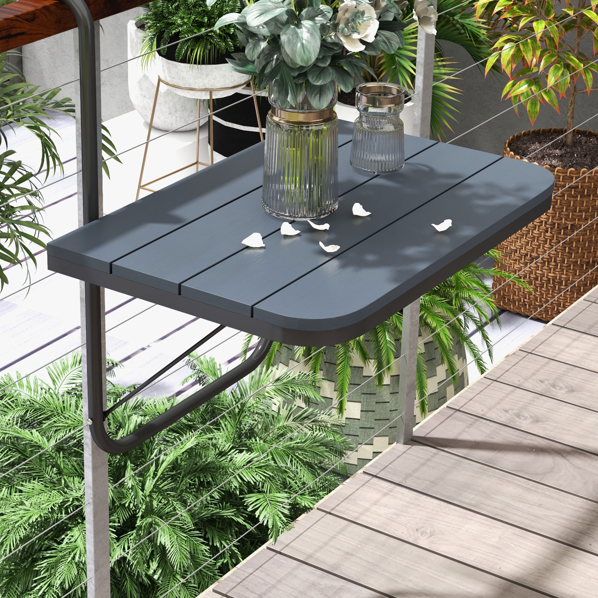 Balkon-Hängetisch, klappbar, höhenverstellbar, Alumiumrahmen, Kunststoff-Tischplatte, Holzoptik, Schwarz
