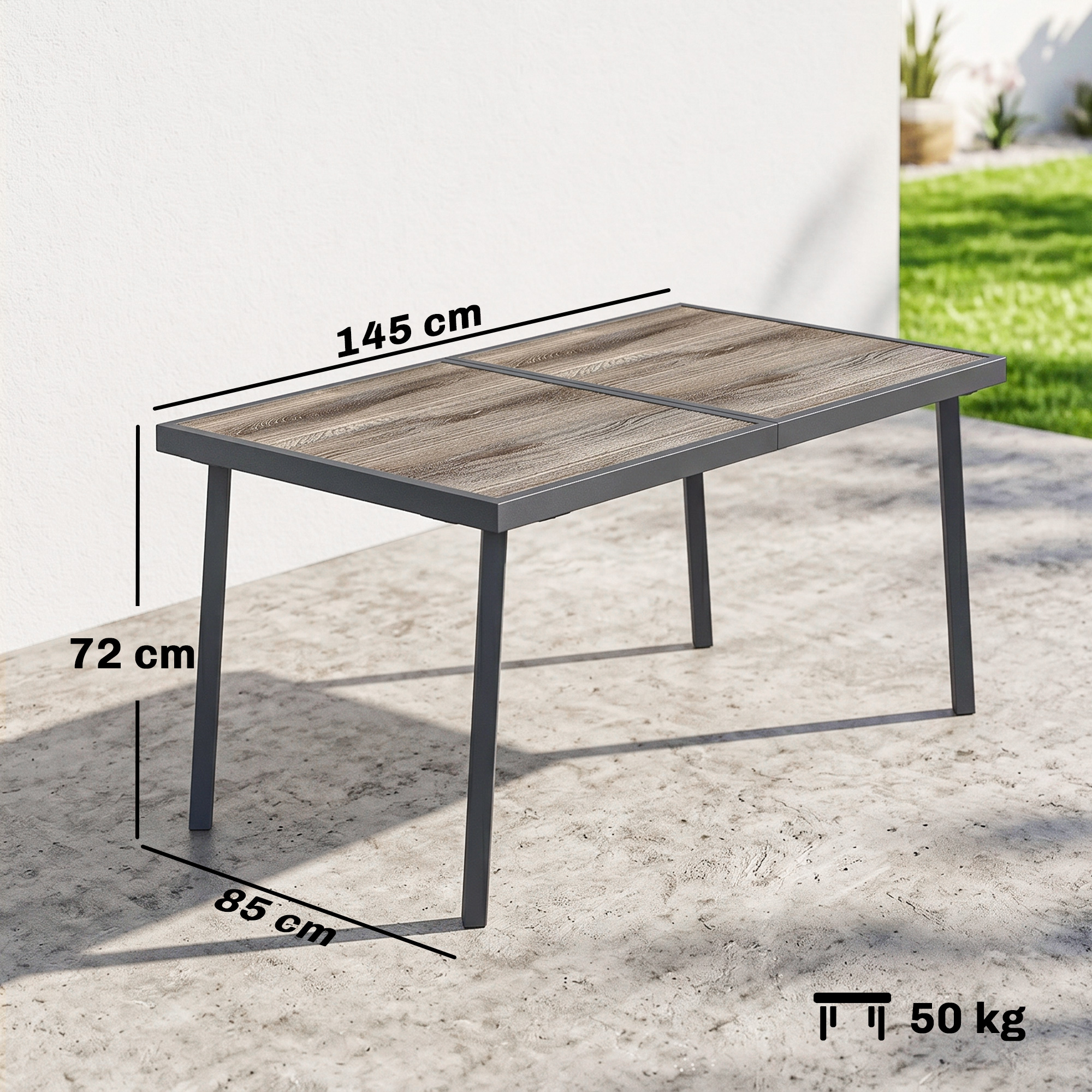 Outdoor Tisch für 6 Personen, Holzoptik, Metallrahmen, wetterfest, 145 x 85 x 72 cm, Grau