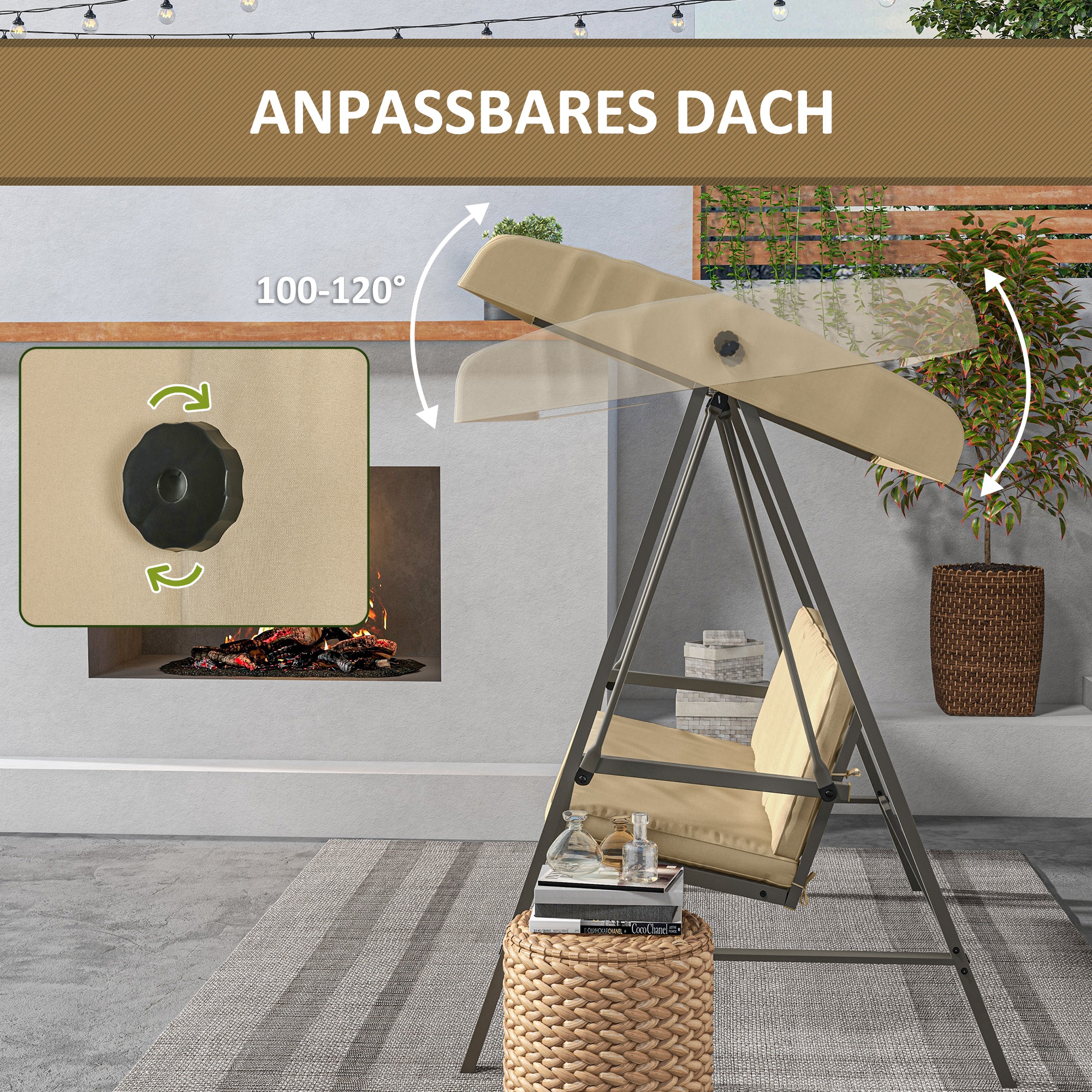 Hollywoodschaukel Gartenschaukel Schaukelbank, verstellbares Sonnendach, 200 cm x 125 cm x 175 cm, Beige + Braun