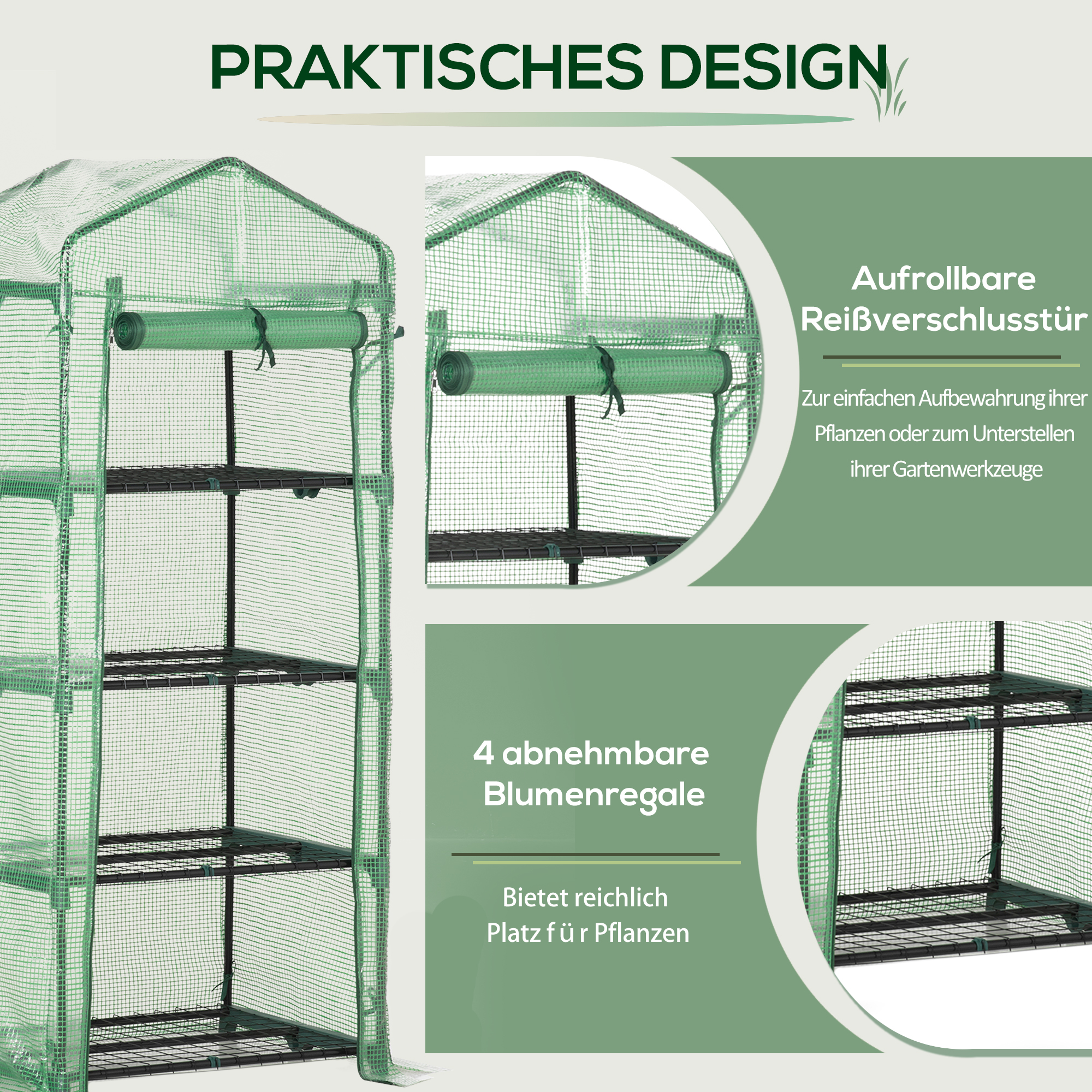 Folien-Gewächshaus, Treibhaus, Mini-Gewächshaus, Pflanzenhaus, Frühbeet, 4 Regalfächer, 70 x 50 x 160 cm, Dunkelgrün
