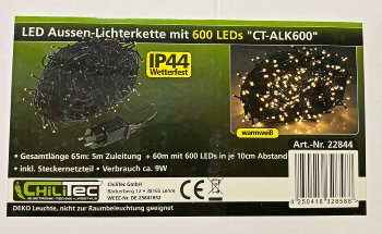 LED Aussen-Lichterkette "CT-ALK600" 60m / warmweiß, Kabel schwarz, IP44, 600 LEDs