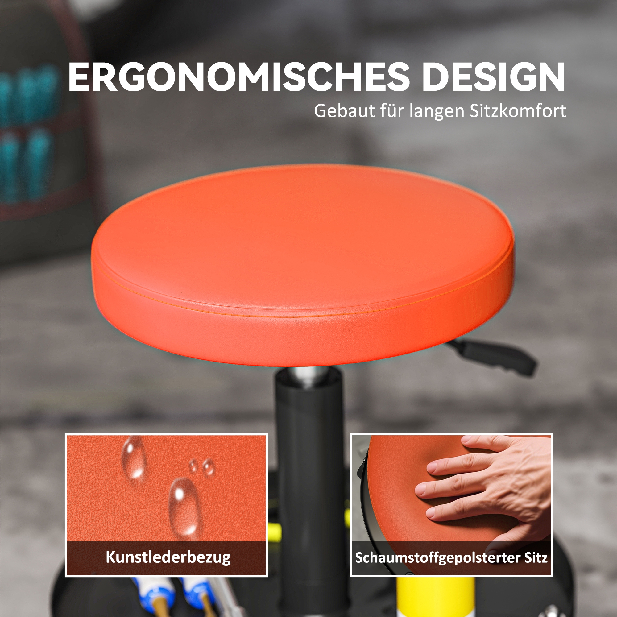 Werkstatthocker mit Rollen Ablagefläche höhenverstellbar 38-50cm bis 135 kg belastbar Orange