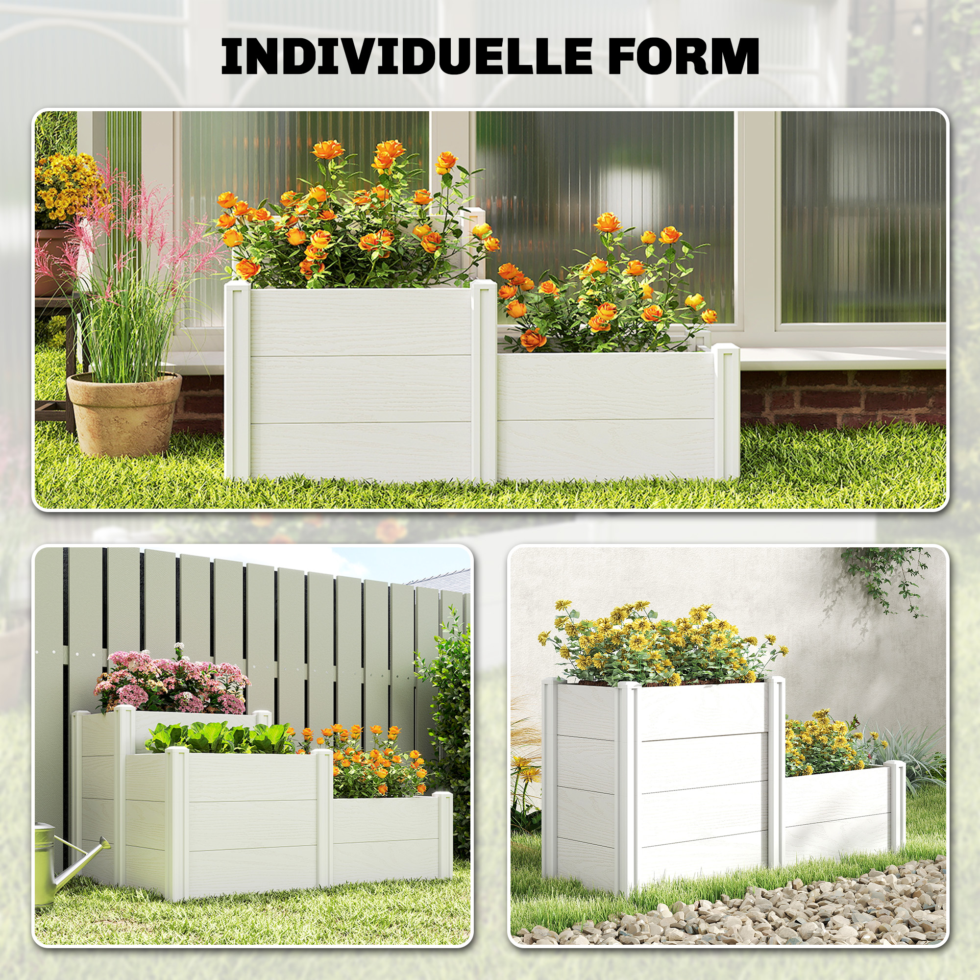 Hochbeet 3-stufig Stapelbar Gartenbeet mit Offenem Boden, modulares Kräuterbeet DIY Montage Kunststoff