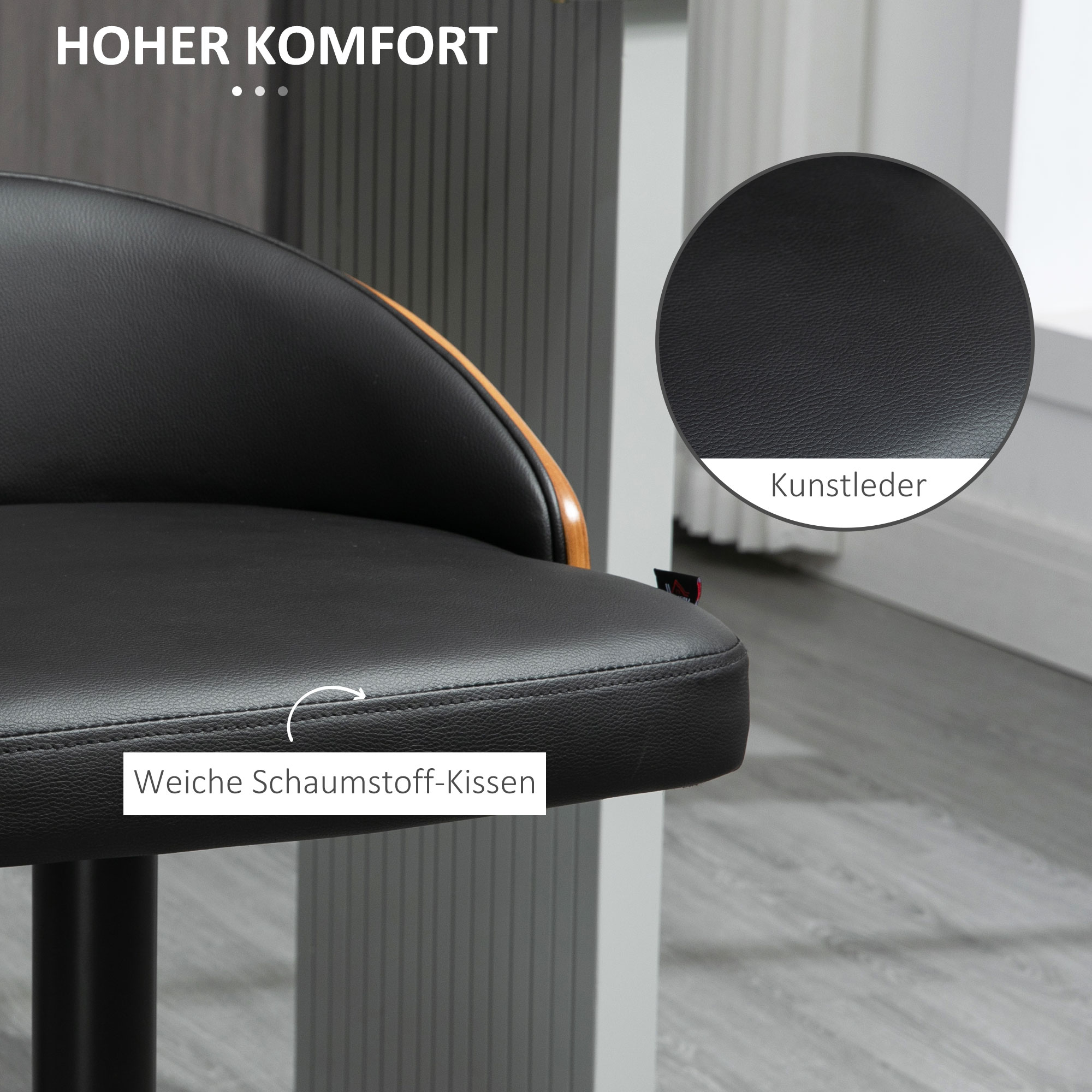 Barhocker 2er Set, Gepolstert Barstuhl aus Stahl und Massivholz, Höhenverstellbar Küchenstühle mit Fußstütze, 360° Drehbar, Tresenhocker für Küche, Wohnzimmer, Esszimmer, Schwarz+Kaffee
