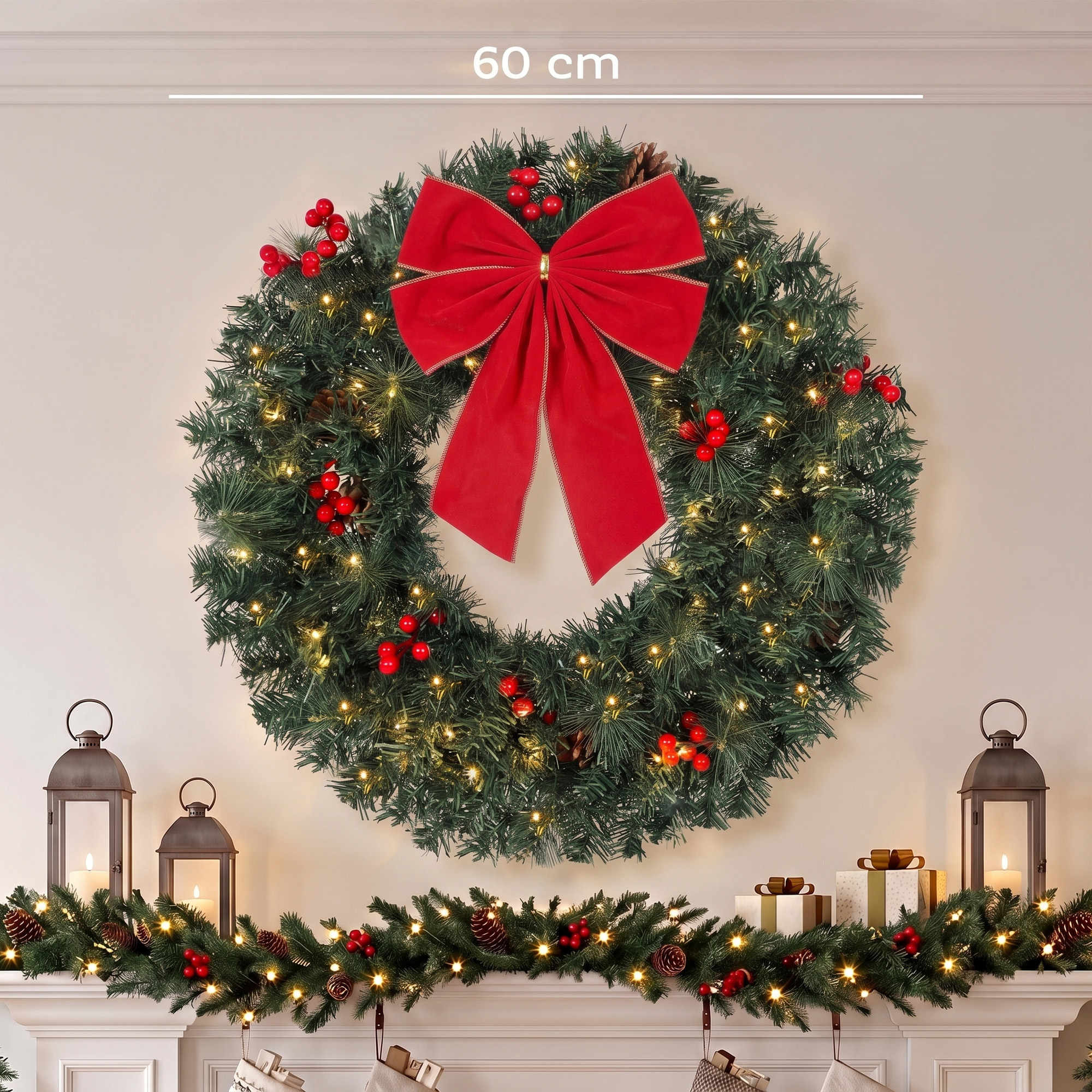 Weihnachtskranz 60 cm Türkranz mit Crestwood-Fichten Design, Schleife, 50 LEDs, 140 Zweigspitzen, 8 Leuchtmodi