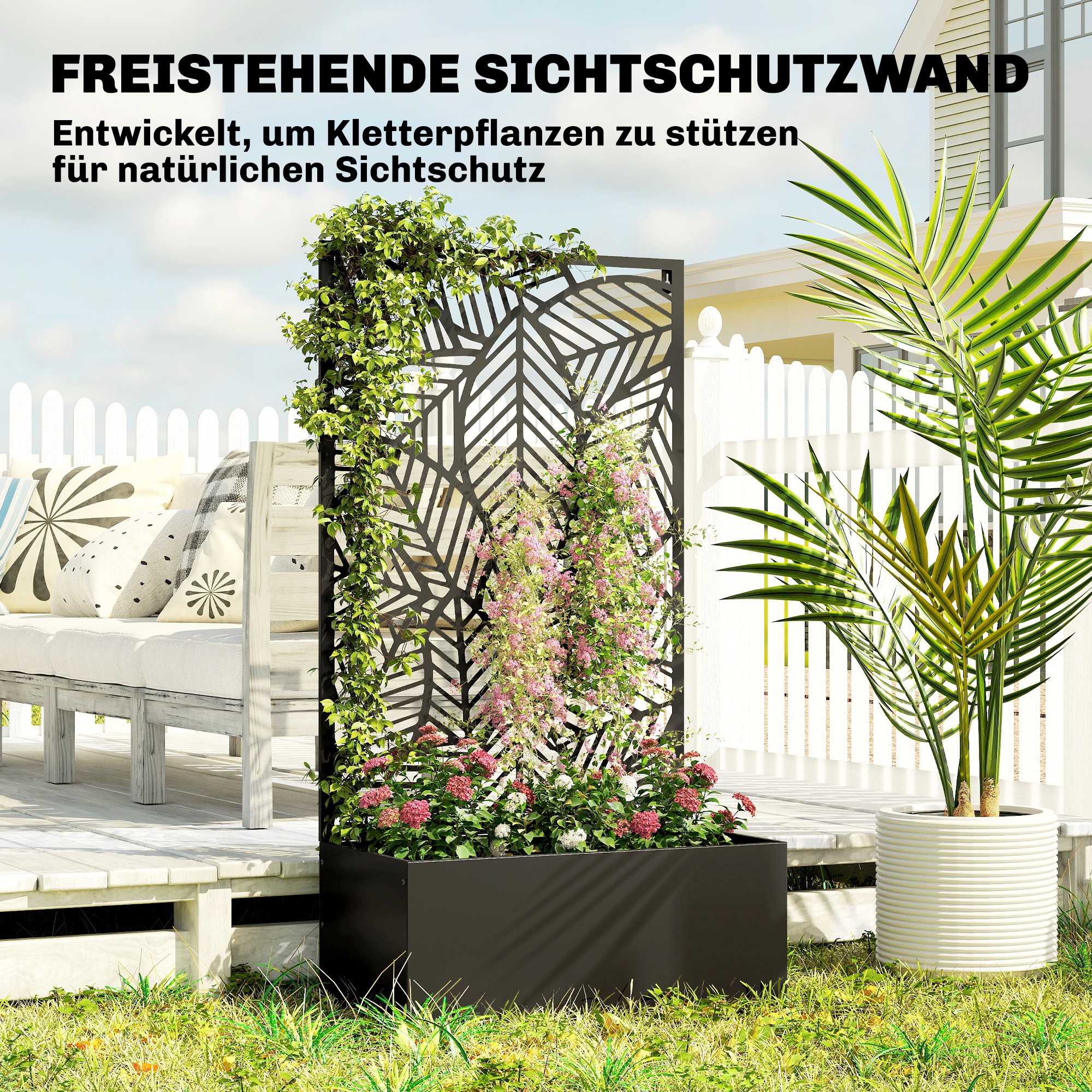 Hochbeet aus Metall mit Rankgitter für Kletterpflanzen, freistehend oder zur Wandmontage