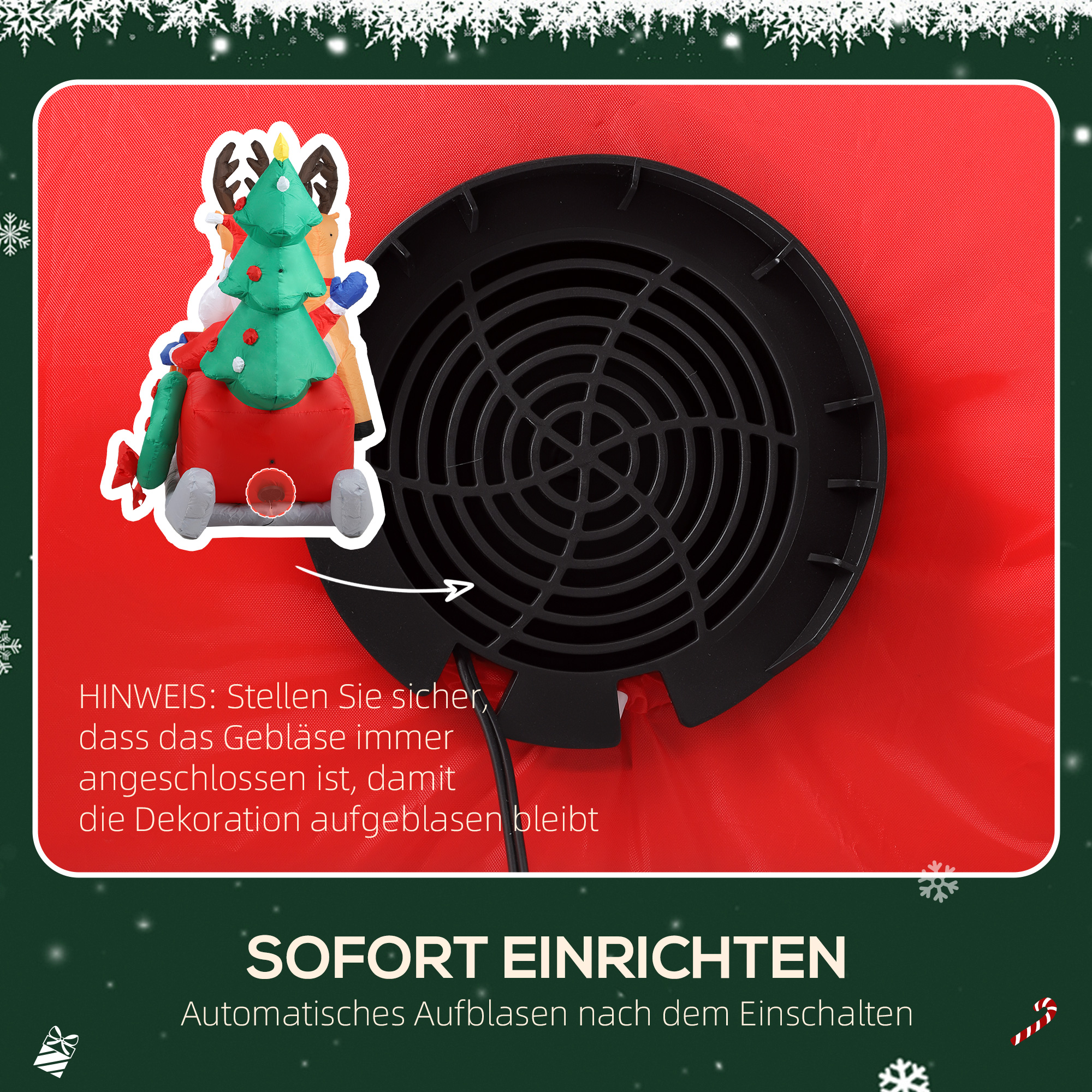 Aufblasbare Weihnachtsdekoration, Weihnachtsmann in Rentierschlitten, Polyesterstoff, LED-Lichter, Bunt