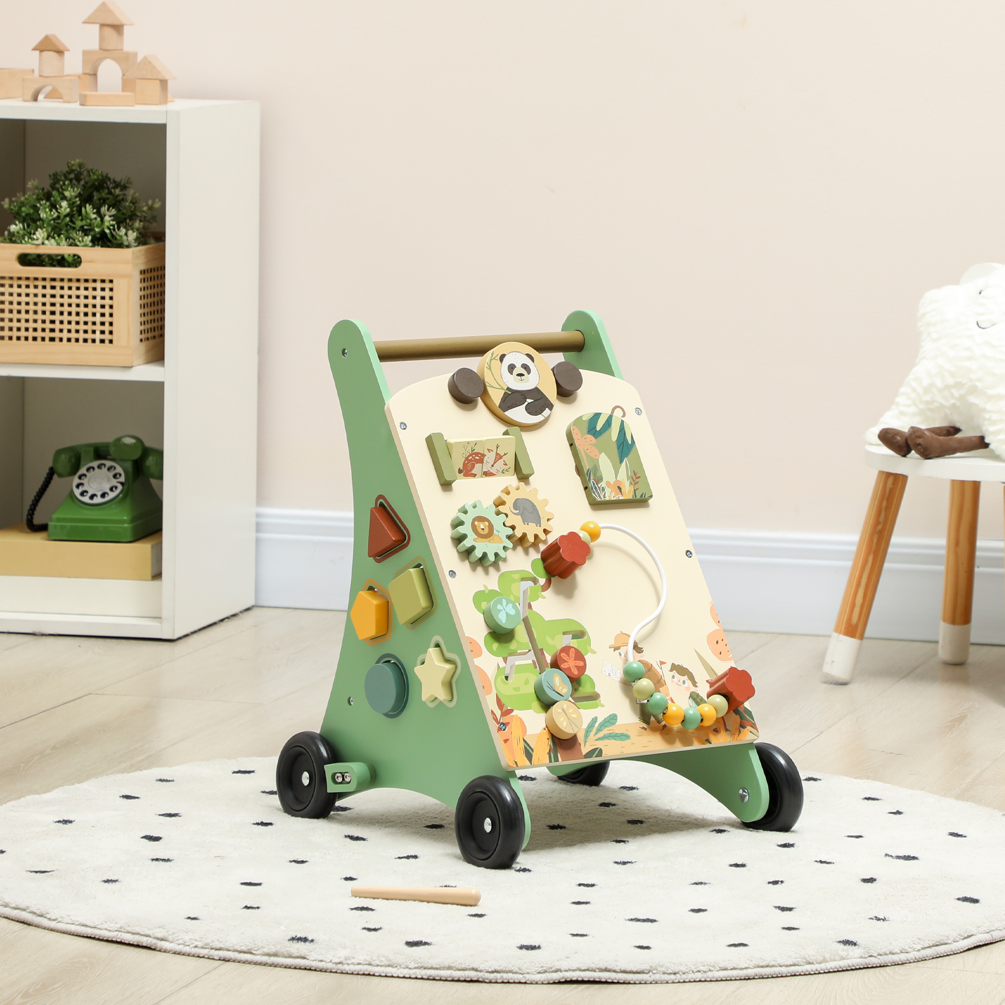 Lauflernwagen Holz Montessori Lauflernhilfe mit Geschwindigkeitskontrolle, Xylophon, Zahnrädern und Perlenlabyrinth Grün