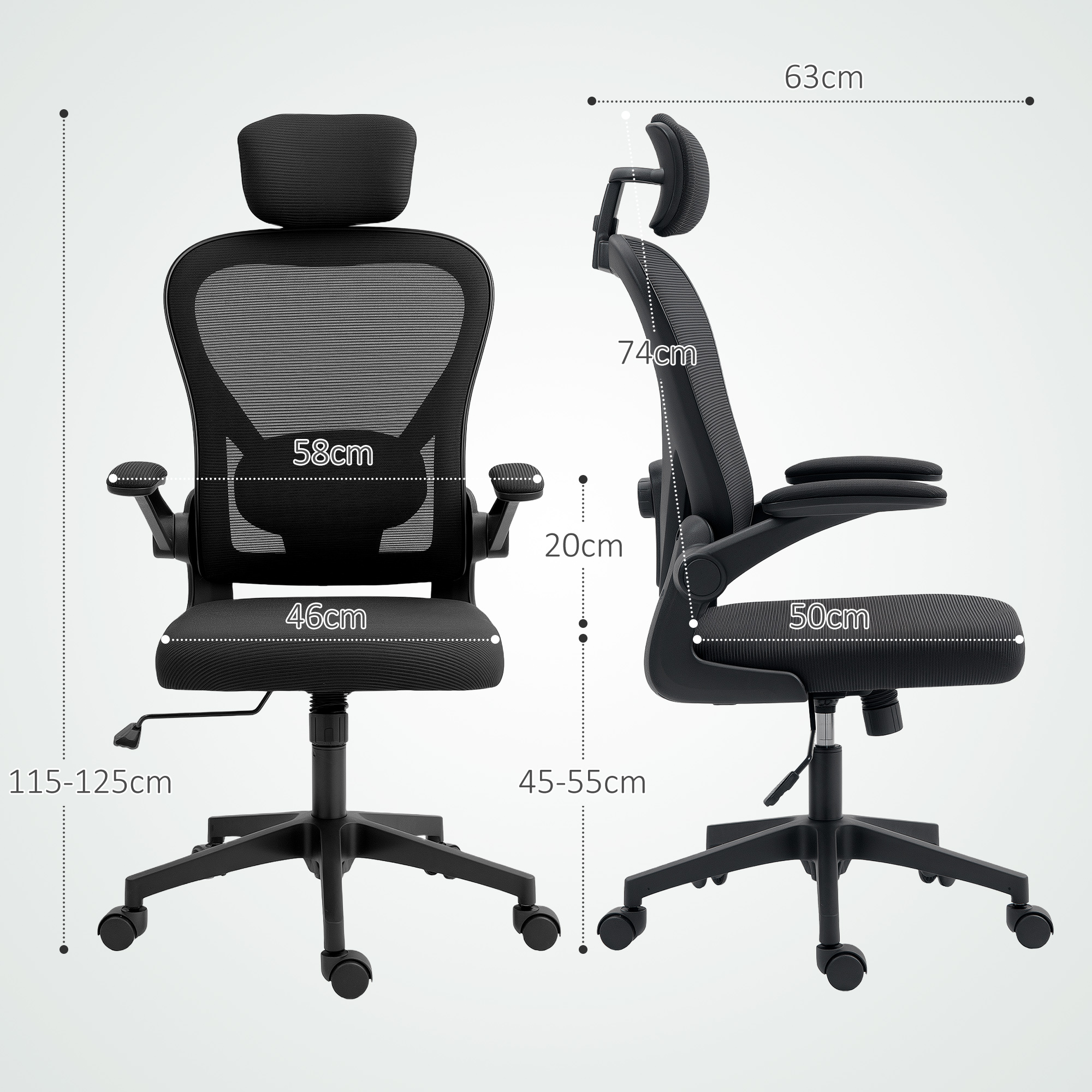 Bürostuhl Ergonomischer Schreibtischstuhl mit Hochklappbaren Armlehnen, Verstellbarer Lendenwirbelstütze Schwarz