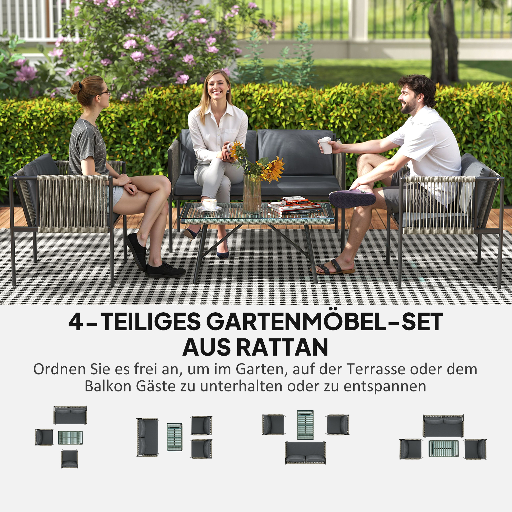 4-teiliges Gartenmöbel-Set, 1 Sofa, 2 Sessel, 1 Tisch mit Glasplatte, Kissen, Stahlrahmen, Kunststoff-Rattan, Grau