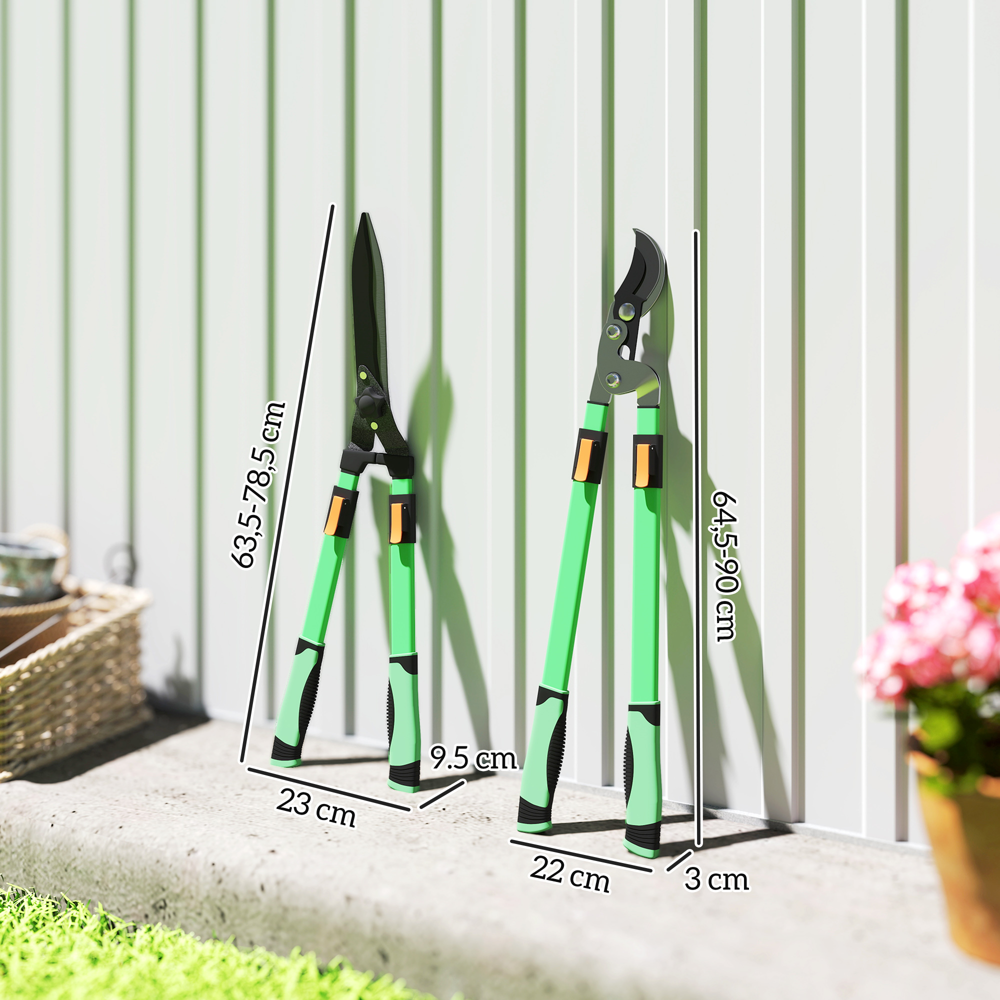 Heckenschere Set 2-teilig Gartenschere Messerlänge 90 cm Astschere mit Metallklingen, ausziehbarer Griff
