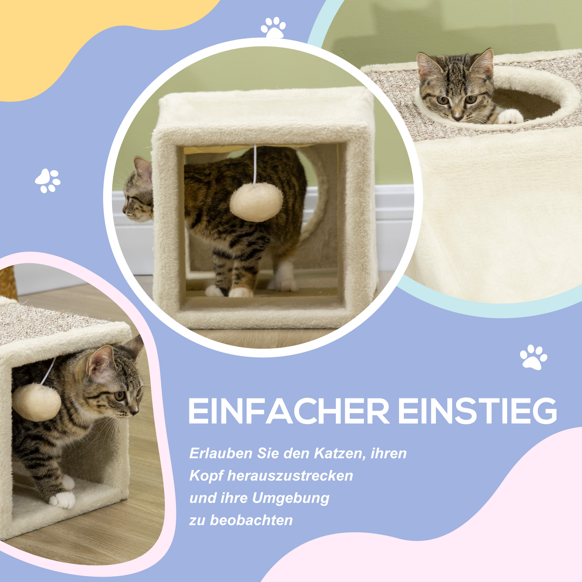 Katzentunnel, 2 Katzenhöhlen, Kratzflächen und Ballspielzeug, 98 cm x 30 cm x 30 cm, Braun + Beige