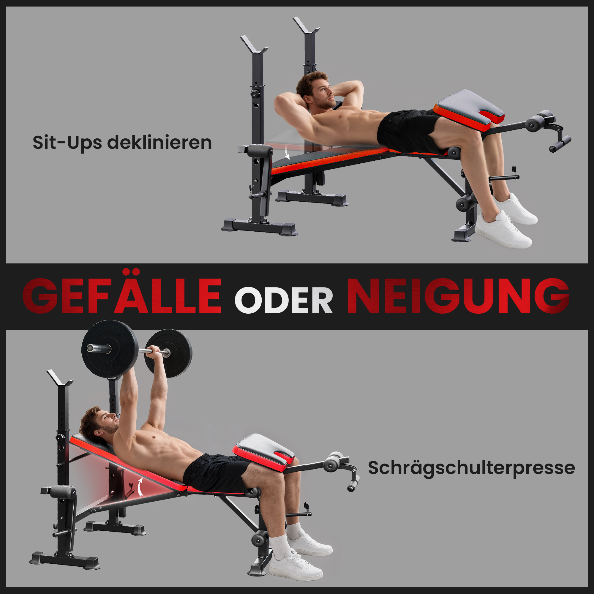 Hantelbank ohne Gewichte, verstellbare Fitnessbank für zahlreiche Übungen,  Workout-Station, Stahl, Kunststoff, Schwarz+Rot