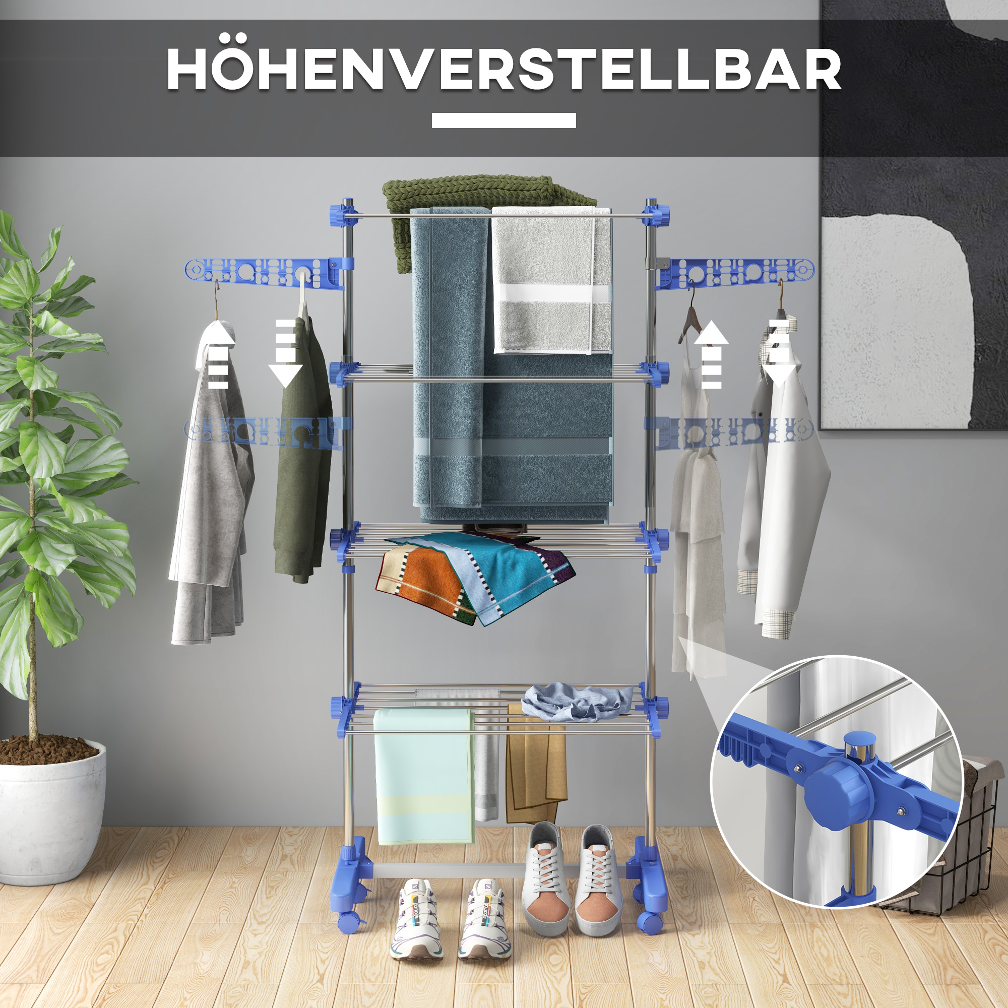 Wäschenständer Wäschetrockner 5 Ebenen, klappbar, One-Klick-System, 142 cm x 55 cm x1 72 cm, Blau + Silber