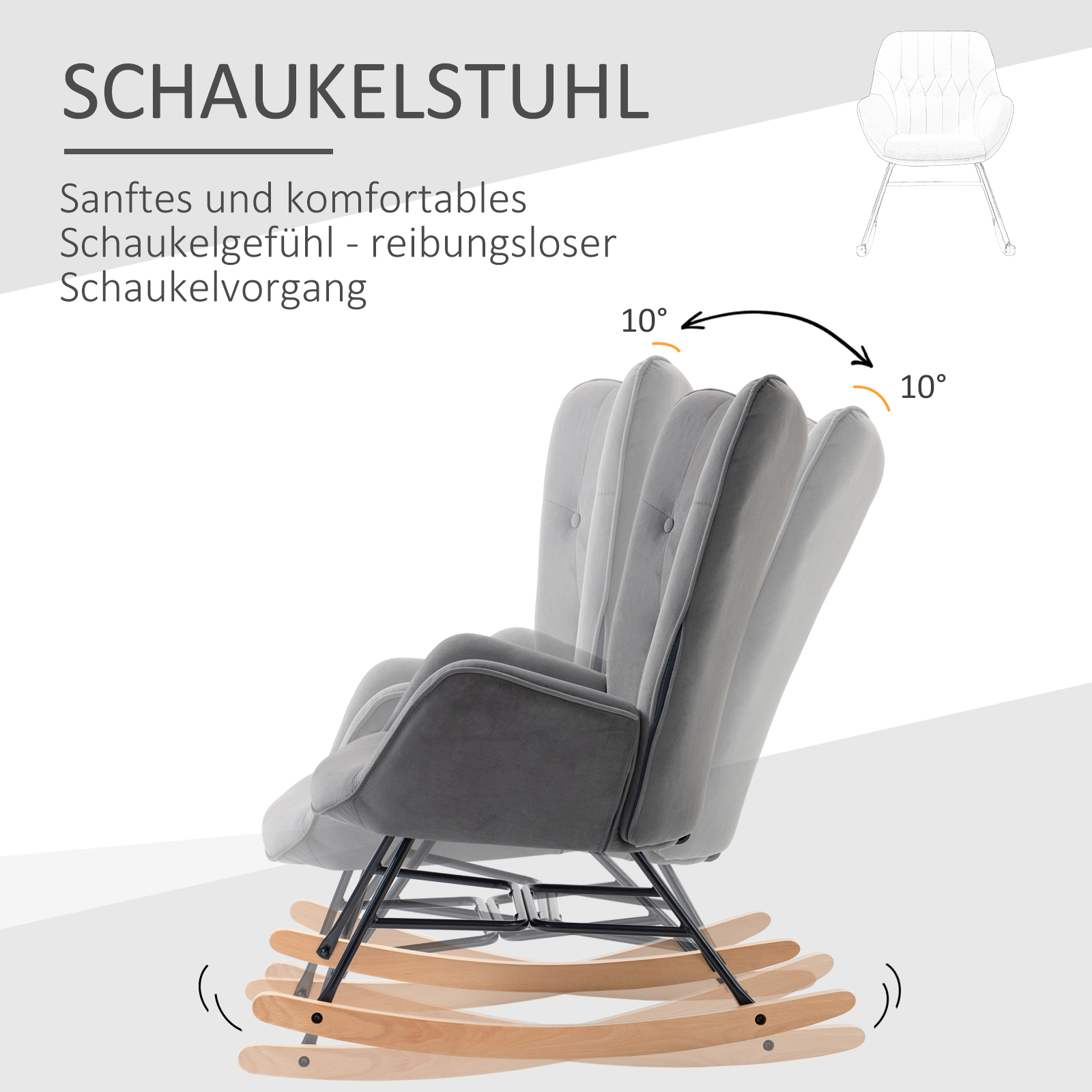 Schaukelstuhl mit Steppung, Holzkufen, Samtoptik, bis 150 kg, Dunkelgrau