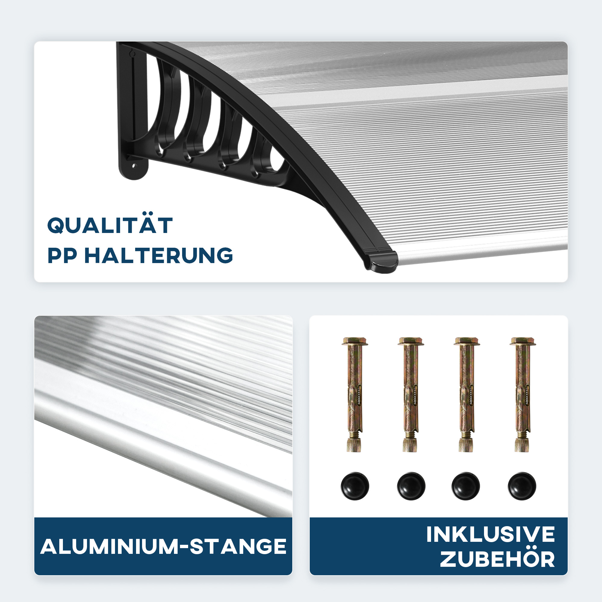 Vordach für Haustür/Fenster, wetterfest, transparent, Aluminium/Polycarbonat, 103x96,5x27cm, Schwarz