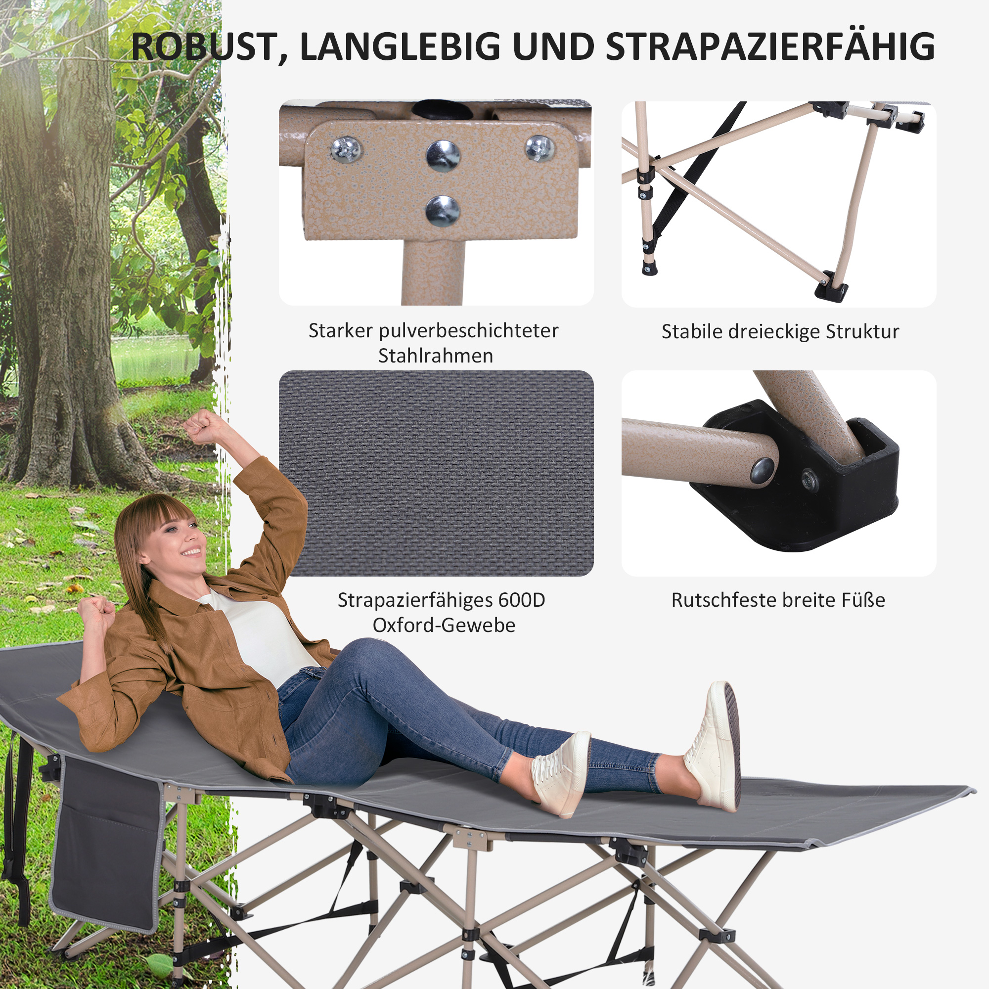 Feldbett, Campingbett, klappbar, wetterbeständig, ink. Tragetasche, 190 x 68 x 52 cm, Grau