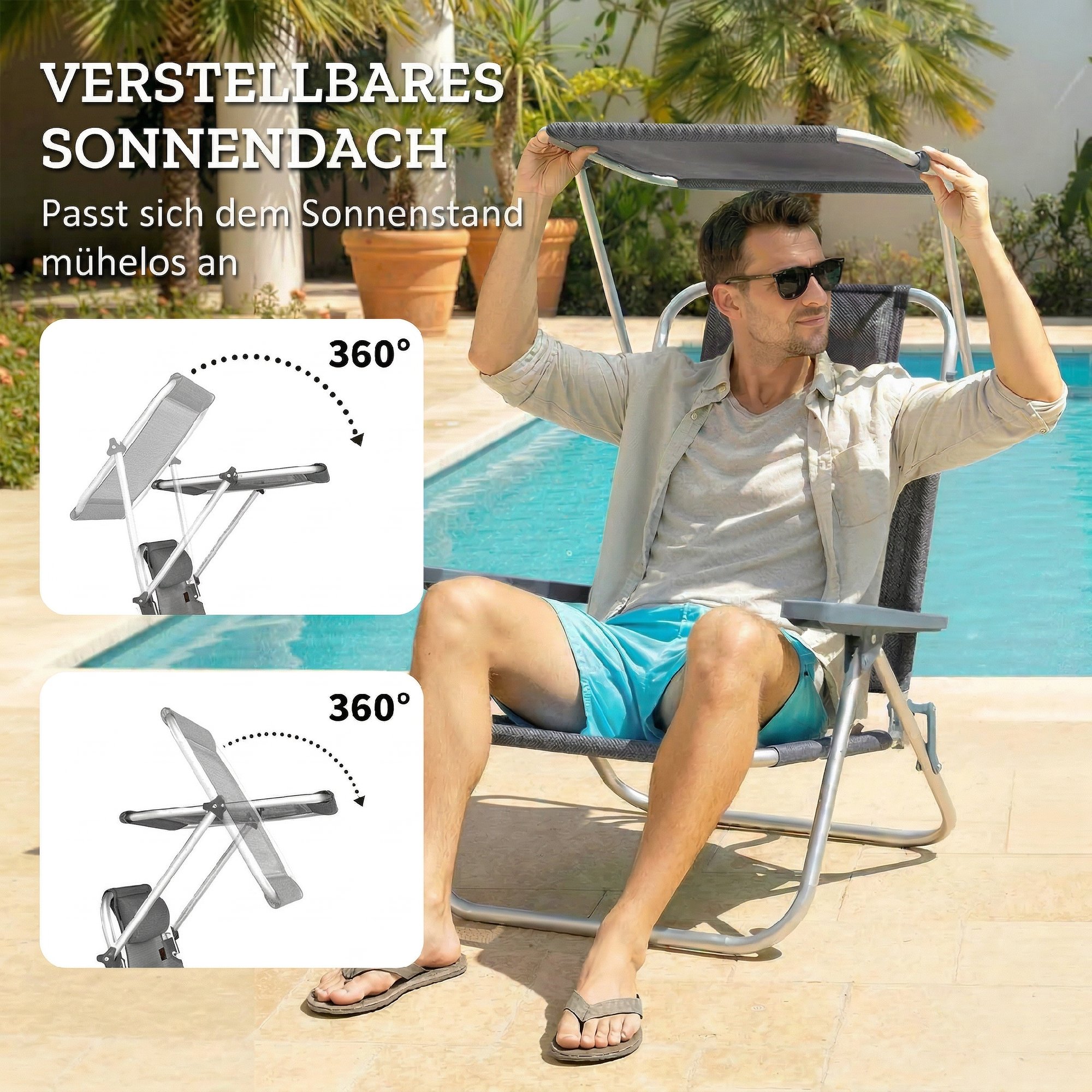 Sonnenliege klappbar Gartenliege mit Kopfkissen verstellbarem Dach 6-Fach verstellbare Rückenlehne 62 x 68 x 79 cm Dunkelgrau