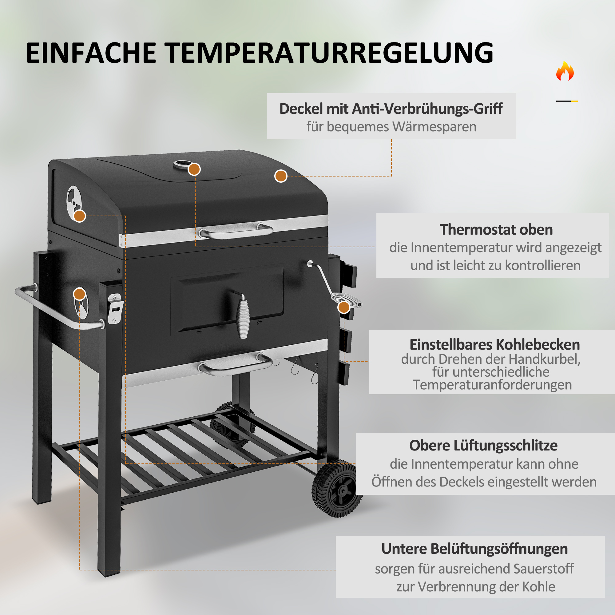 Holzkohlegrill Smoker BBQ-Smoker, 1 Ablage, 1 Handtuchhalter, 2 Grillroste, 113 cm x 65 cm x 108 cm, Schwarz