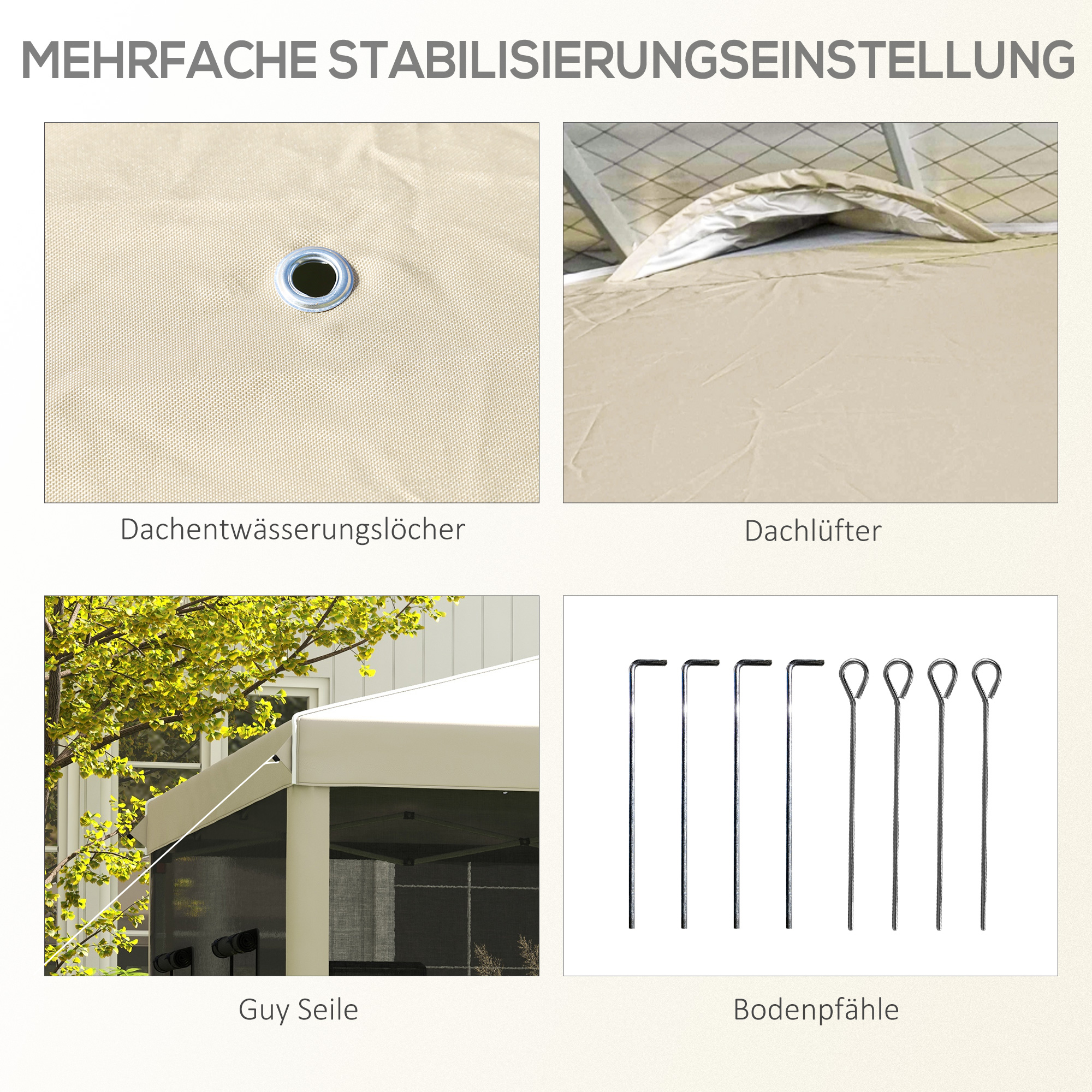 Faltpavillon, höhenverstellbar, Netzvorhänge, Tragetasche, Metallgestell, 3 x 3 x 3 m, Beige