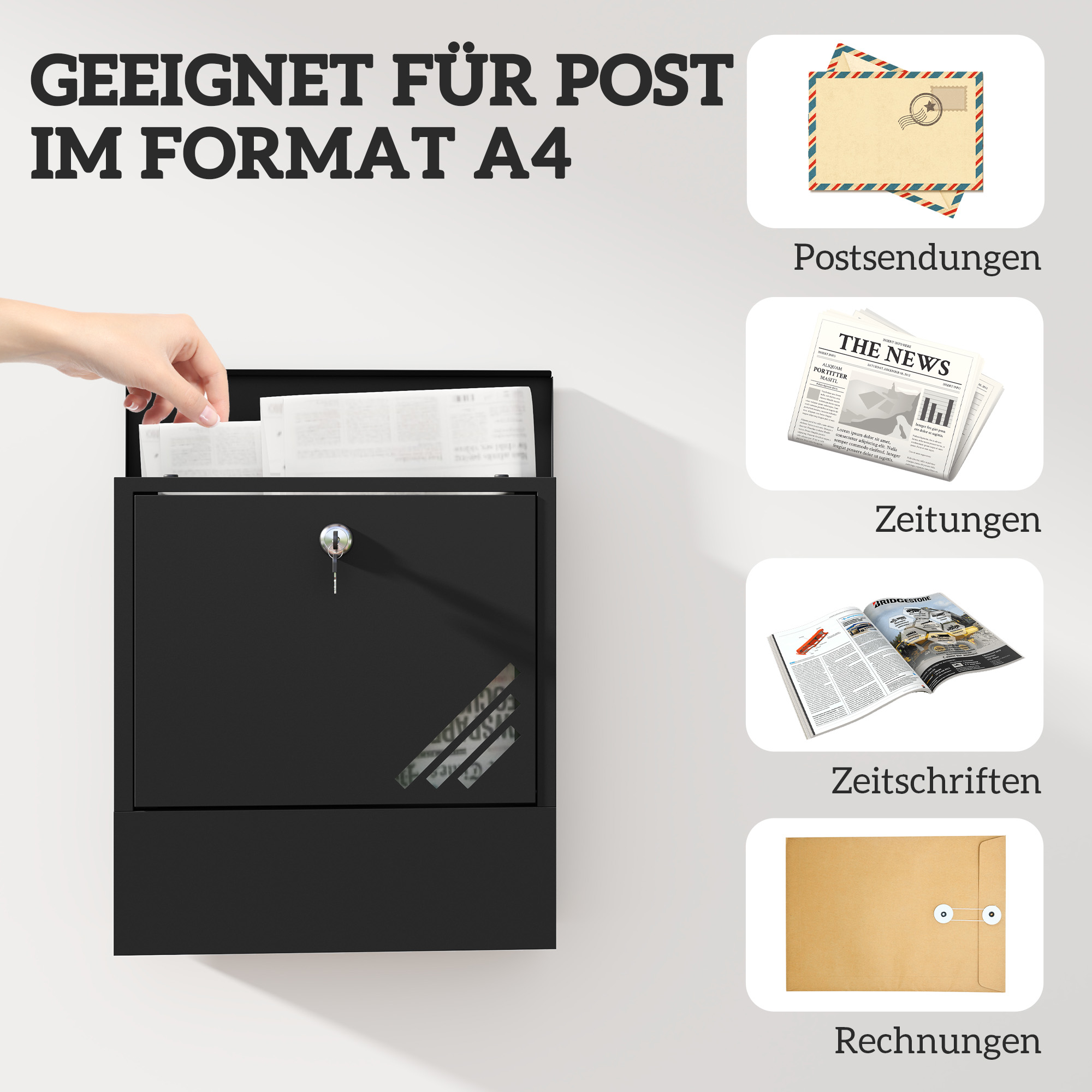 Briefkasten mit Sichtfenster, Wandmontage, abschließbar, Rost- und wetterfest, Grau