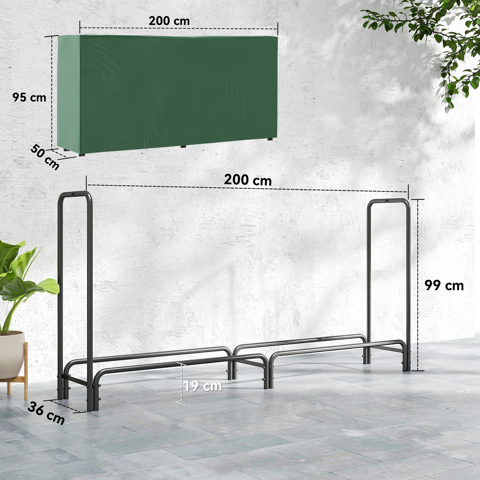 Feuerholzgestell, 0,6 m³, mit Abdeckung, pulverbeschichteter Metall, bis 200 kg, Schwarz/Dunkelgrün