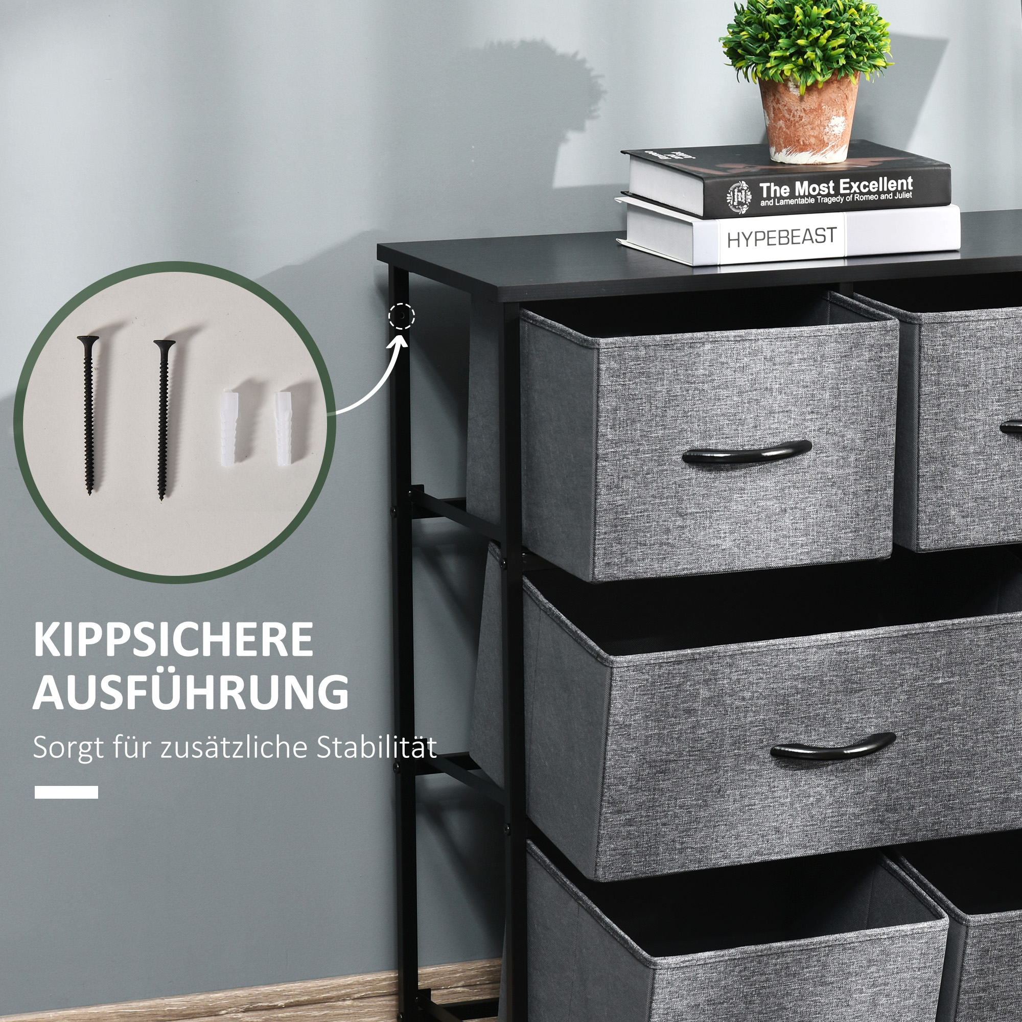 Kommode mit 8 Stoffschubladen, 2 große, 6 kleine, Metallrahmen, Kippschutz, Grau