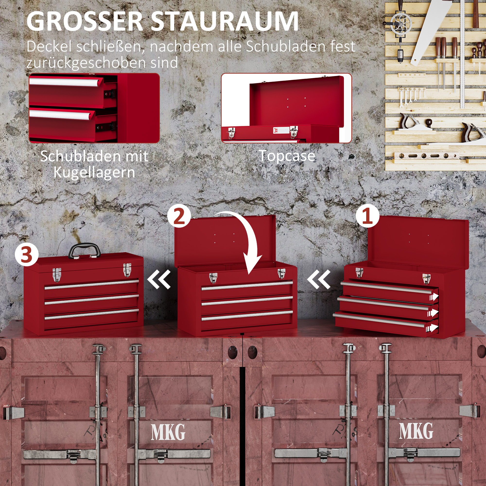 Werkzeugkiste mit 3 Schubladen, oberes Staufach, Stahlverschlüsse, Tragegriff, 51x22x32 cm, Rot