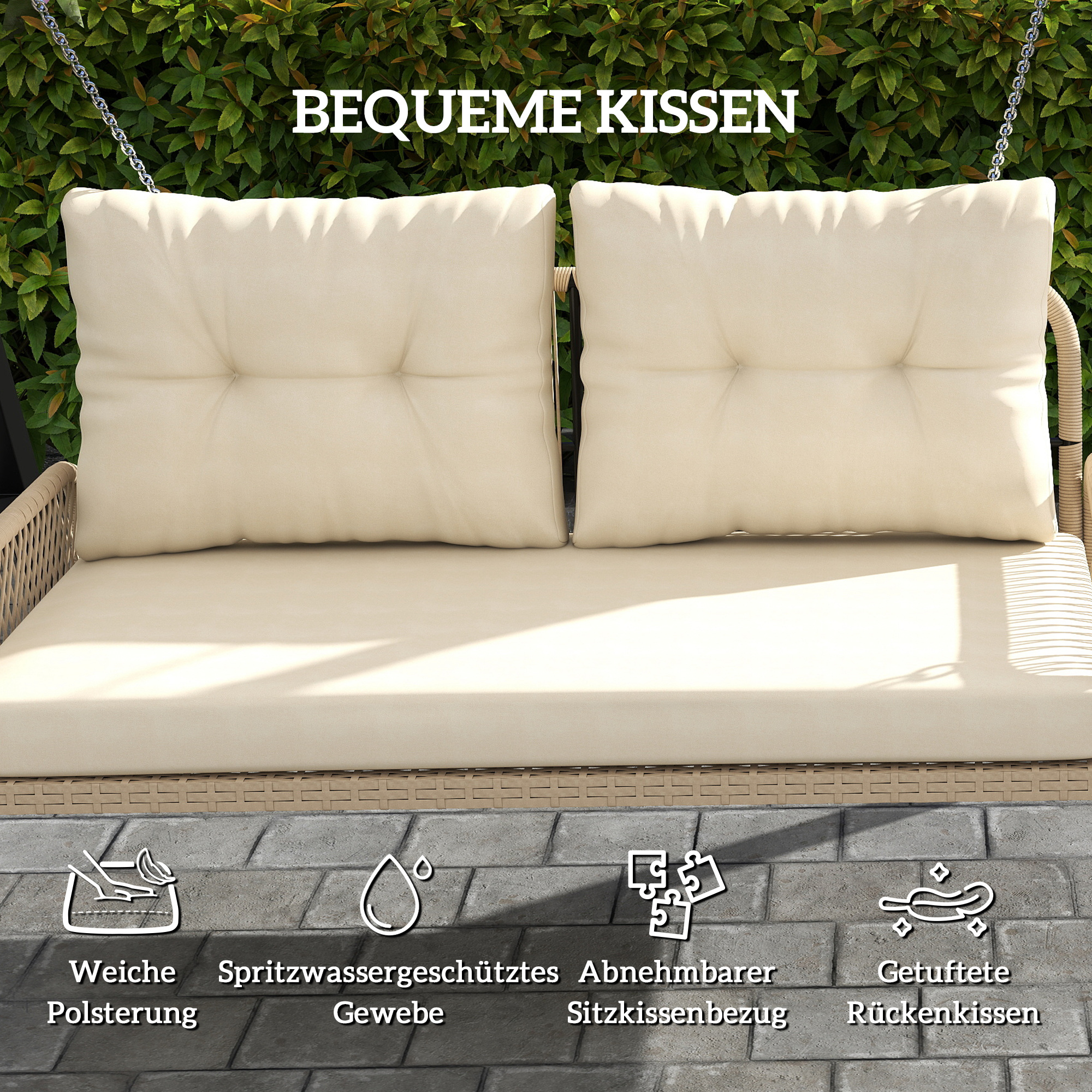 Hollywoodschaukel 2-Sitzer Rattan Gartenschaukel mit Kissen Ketten bis 240 kg 115 x 66 x 44 cm Beige