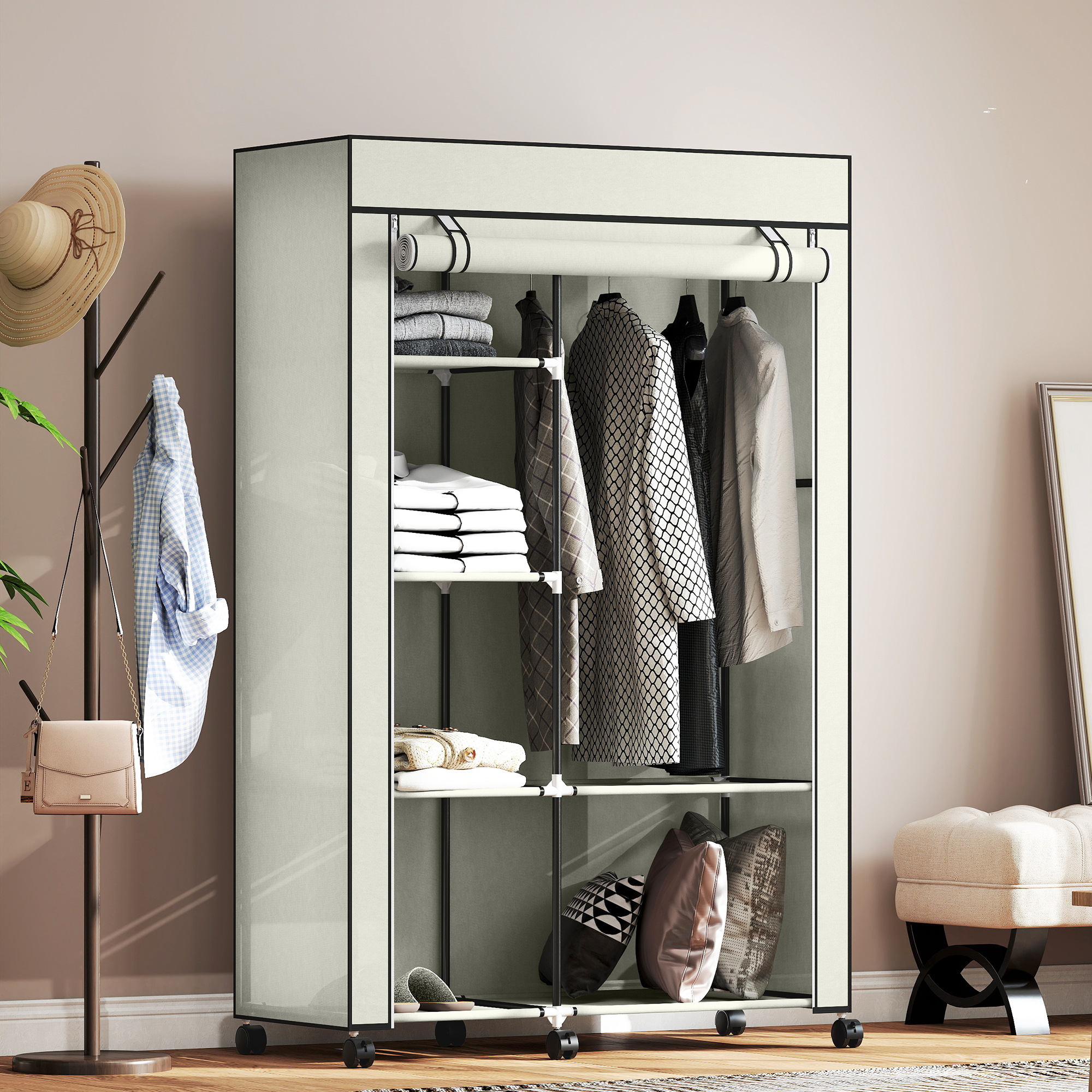 Schrank aus Stoff, Aufbewahrungslösung, 6 Regale, 1 Kleiderstange, Creme