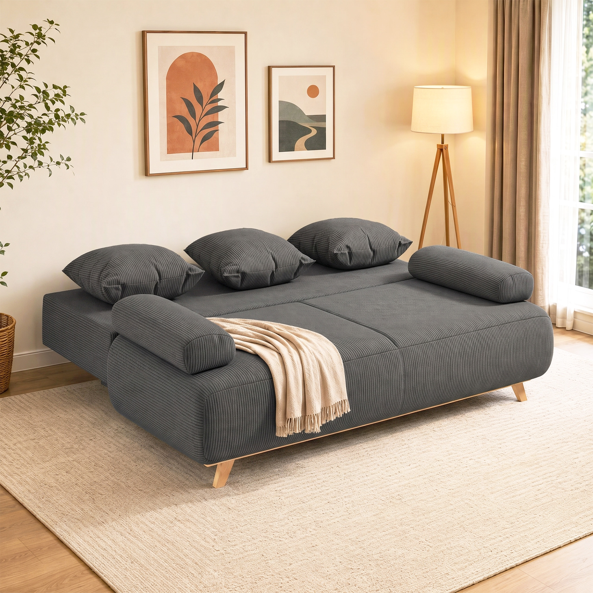 Schlafsofa mit verstellbarer Rückenlehne, Bettfunktion, verstecktem Stauraum und Cordbezug, Grau