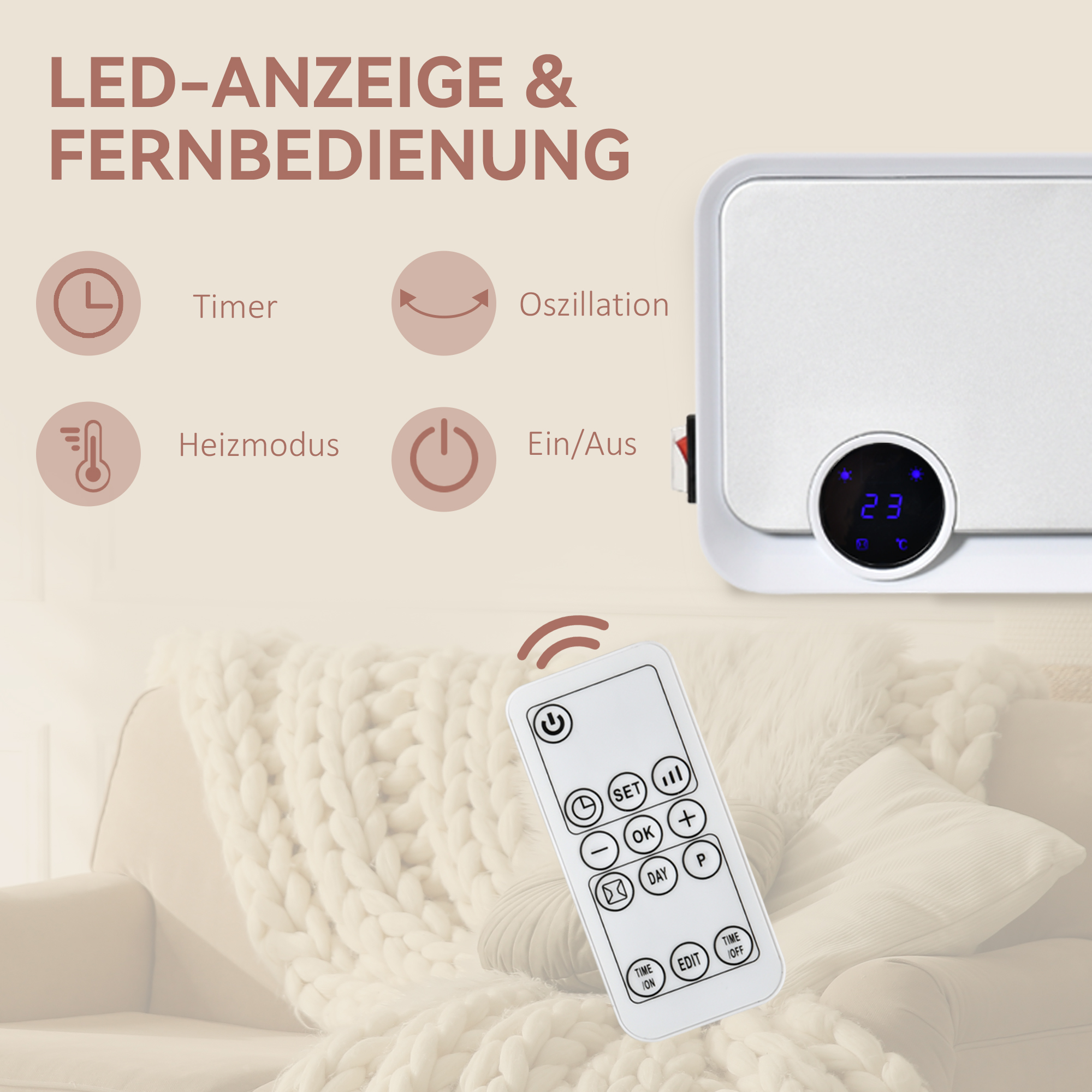 Heizlüfter zur Wandmontage 2000W mit Fernbedienung, 3 Betriebsmodi, LED-Display 12h Timer