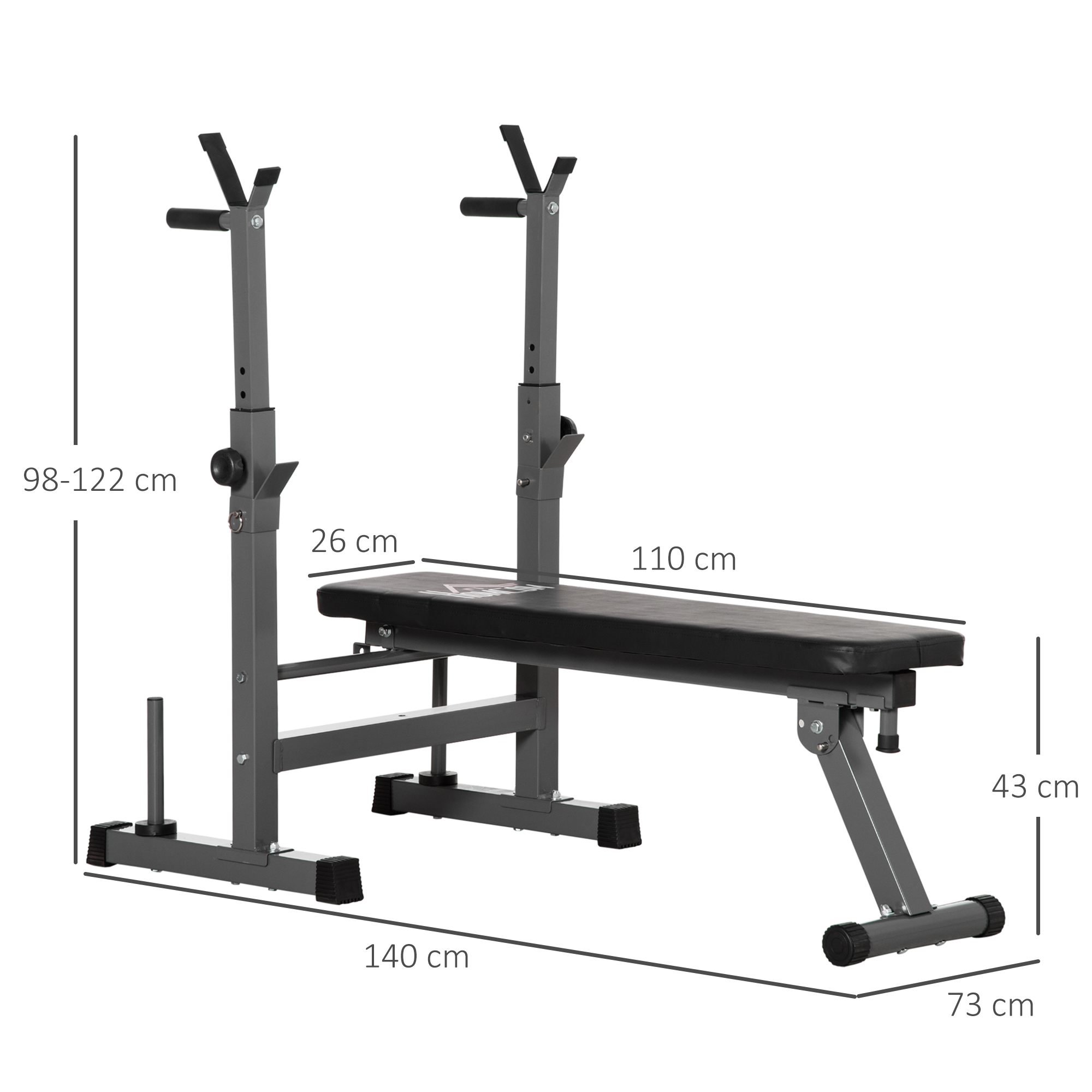 Hantelbank, 8 Positionen, klappbar, Stahlbasis, gepolstert, Kunstleder, 98-122H x 140L x 73B cm, Schwarz/Grau