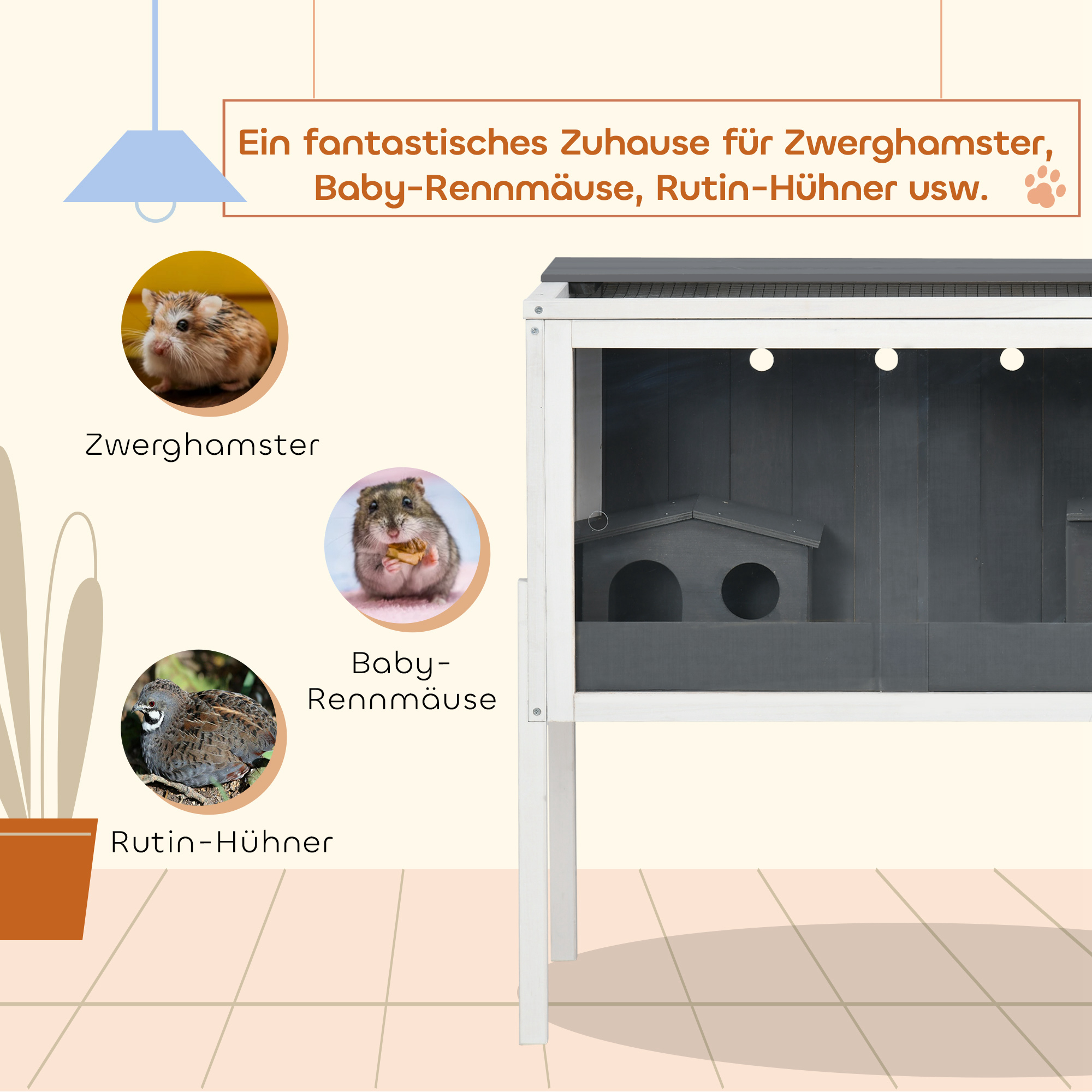 Hamsterkäfig, 3000 cm² Zwerghamsterkäfig aus Holz und Metall, mit 2 Hütten, Acrylschiebetüren, stabil, sicher, Grau+Weiß