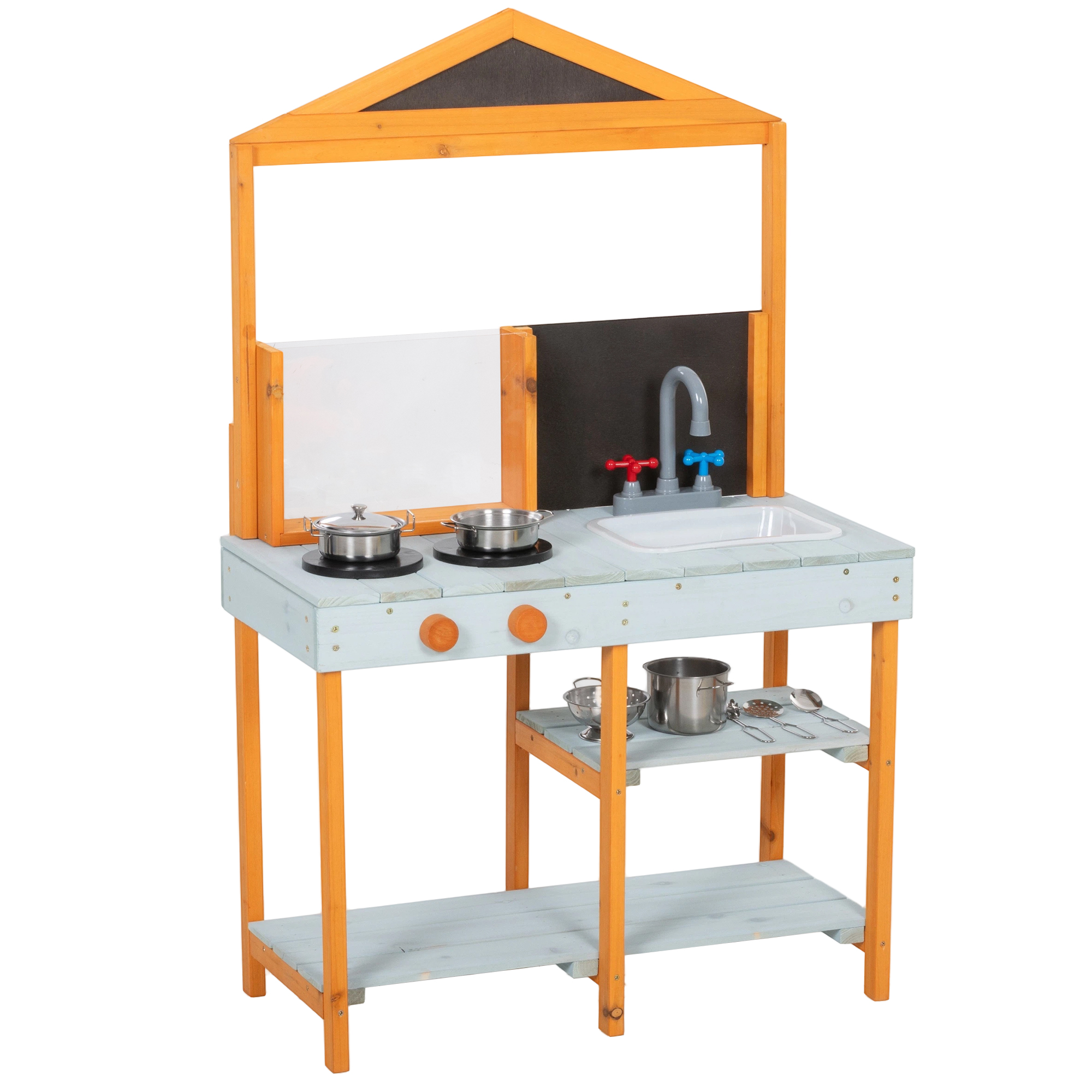 Matschküche Kinder Outdoor Spielküche Holz mit Herd Abnehmbarer Spüle Regalen für Kinder von 3-8 Jahren, Hellblau