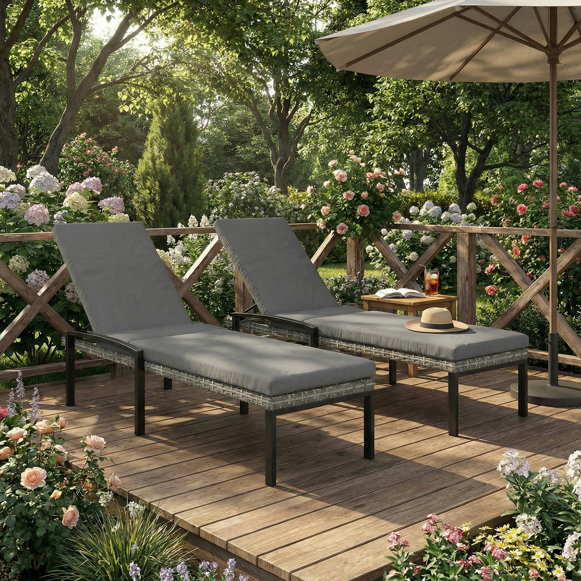 2er Set Sonnenliege Polyrattan Gartenliege mit 5-Fach verstellbar Rückenlehne Auflage bis 120kg Hellgrau