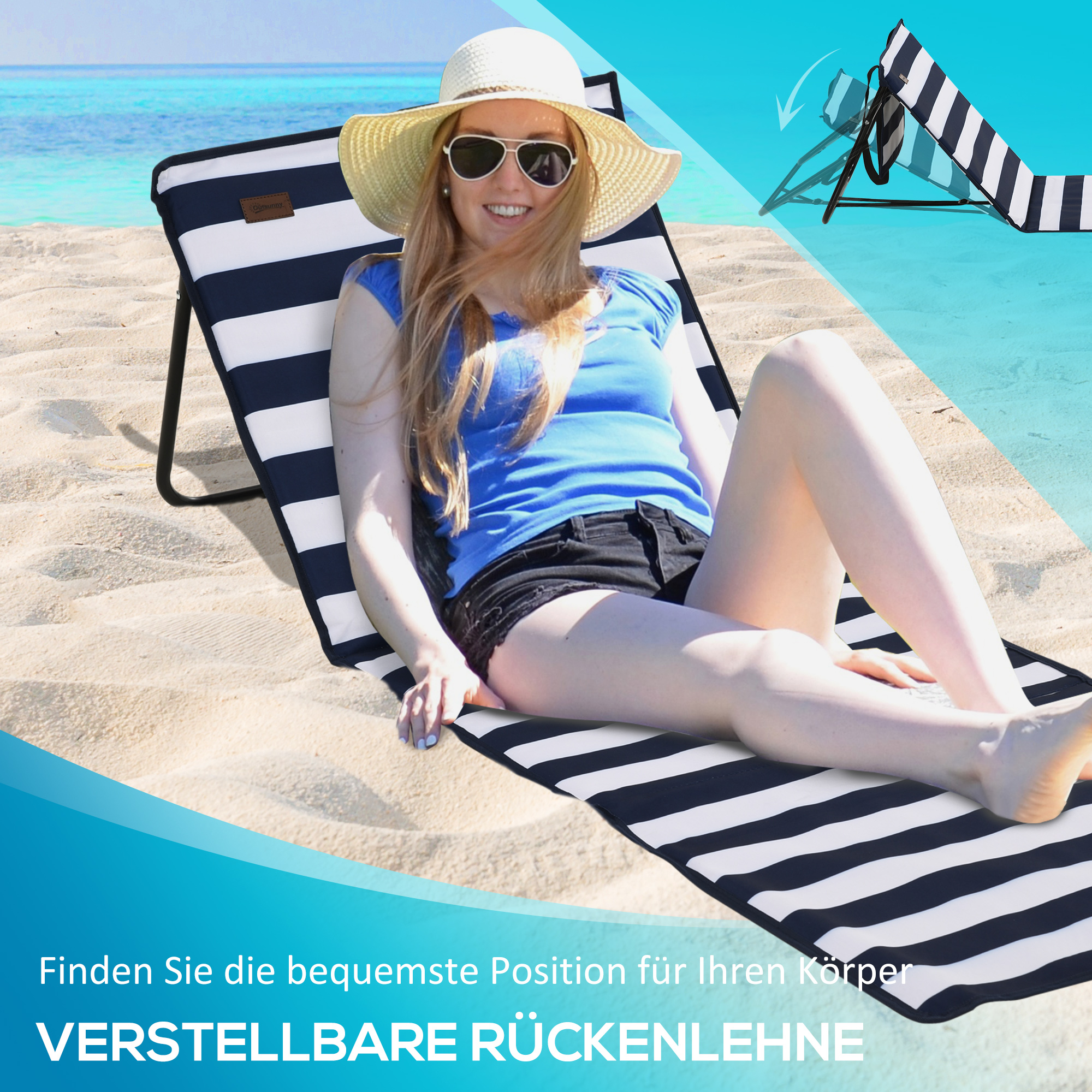 Strandliege, klappbar, verstellbare Rücklehne, Seitentasche, weiche Polsterung, Stahlrahmen, blau+weiß, 142x51x40cm