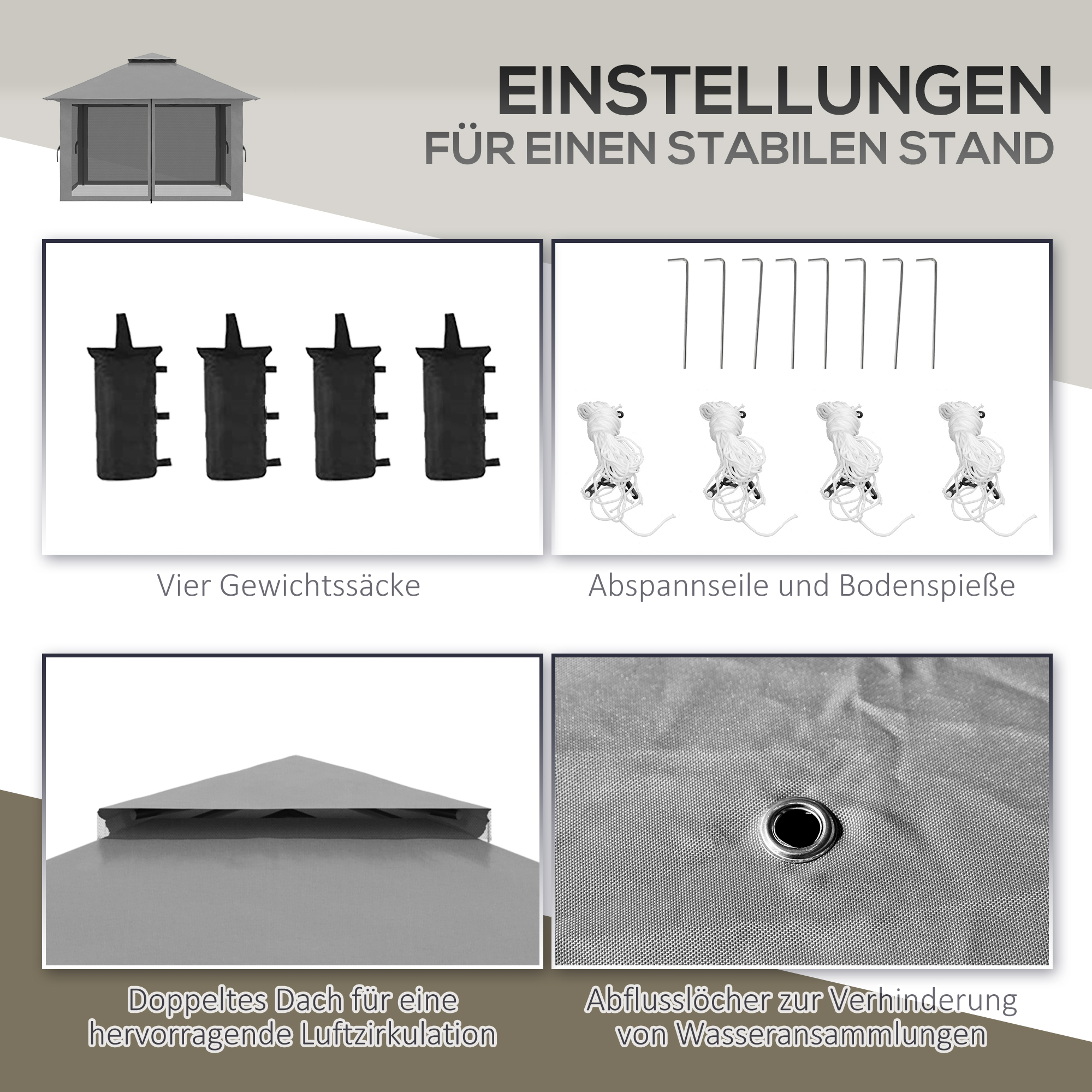 Faltpavillon, höhenverstellbar, 4 Netzwände, Lüftungsdach, Tragetasche, Schnellaufbau, dunkelgrau, 4 x 4 x 3 m