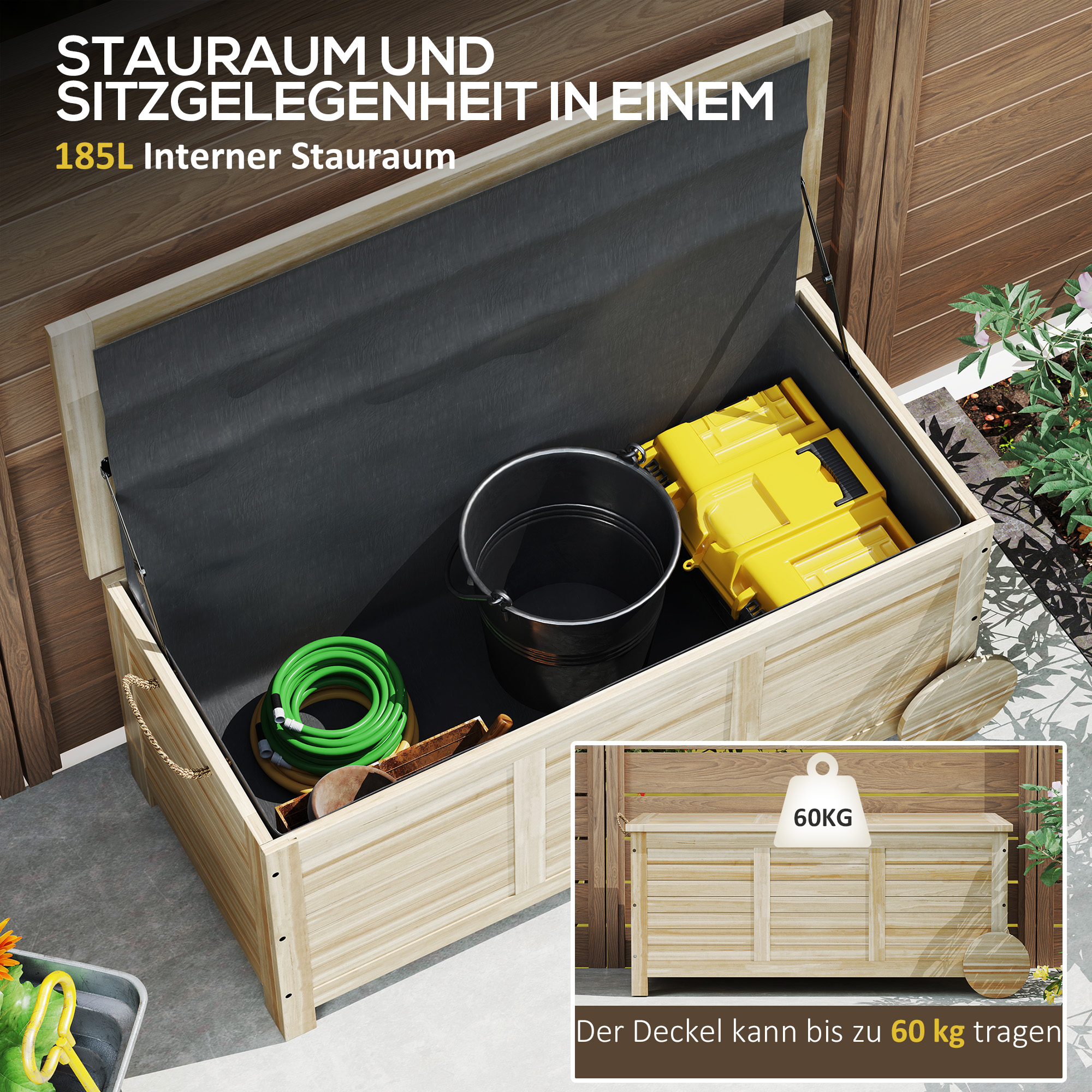 185 L Außenlagerbox, Lagerkiste mit Rädern, wetterbeständig, Tannenholz, 110 x 50 x 50 cm, Hellbraun