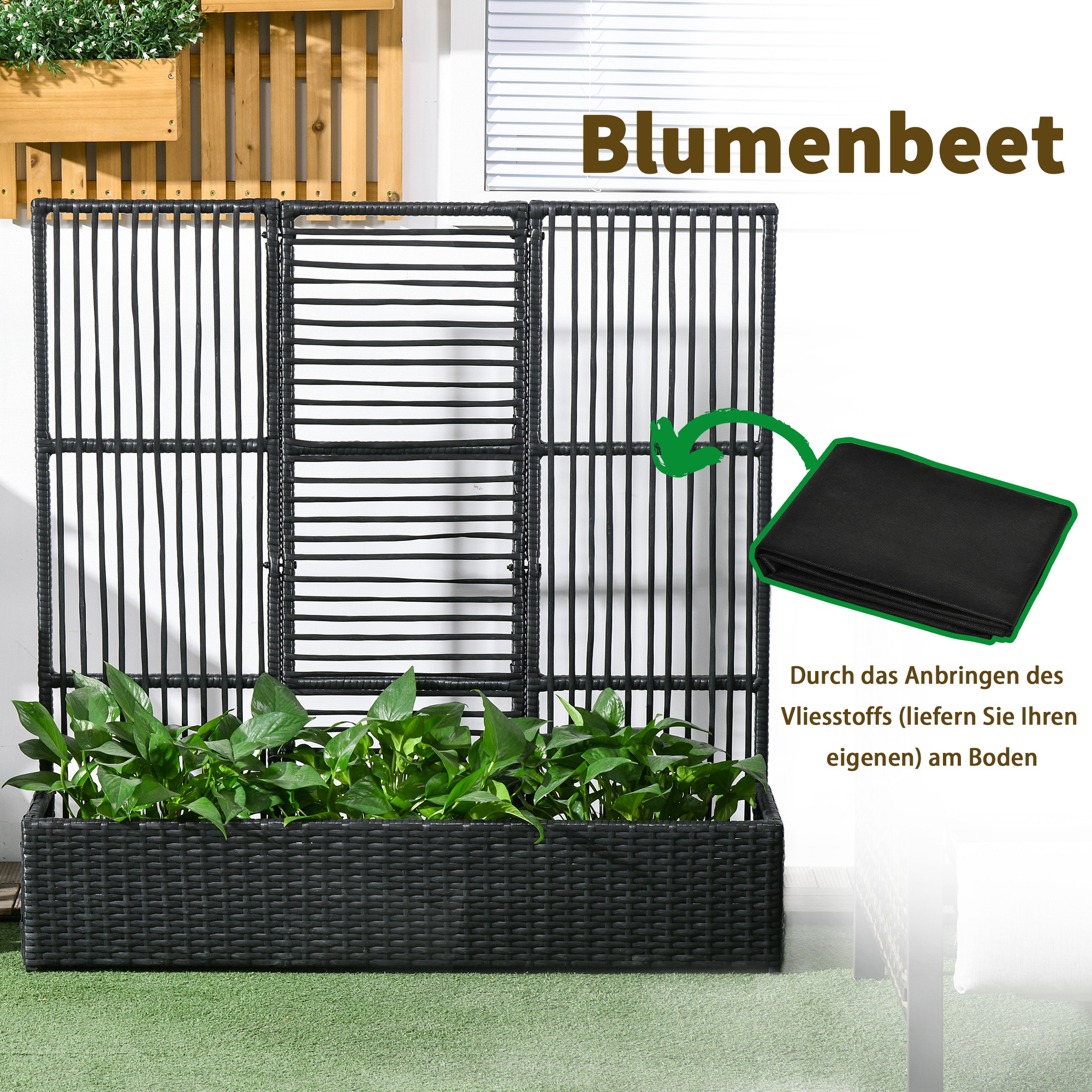 Blumenkasten mit Spalier, wetterfest, Polyrattan, 103 x 103 x 29 cm, Schwarz