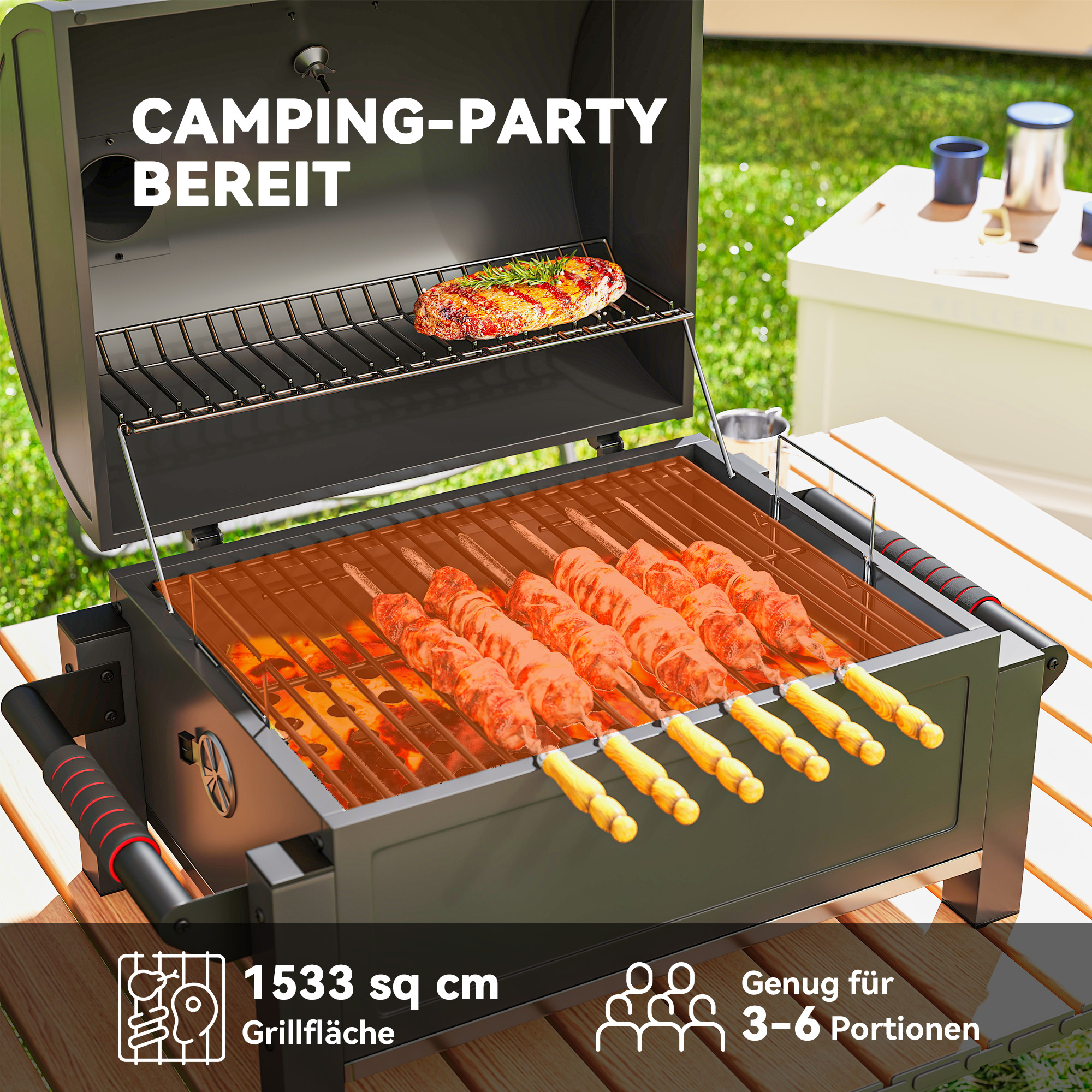 Kohlegrill mit Deckel, Warmhalterost, Aschefach, Thermometer, rostfrei, 67 x 53 x 55cm, Schwarz/Rot