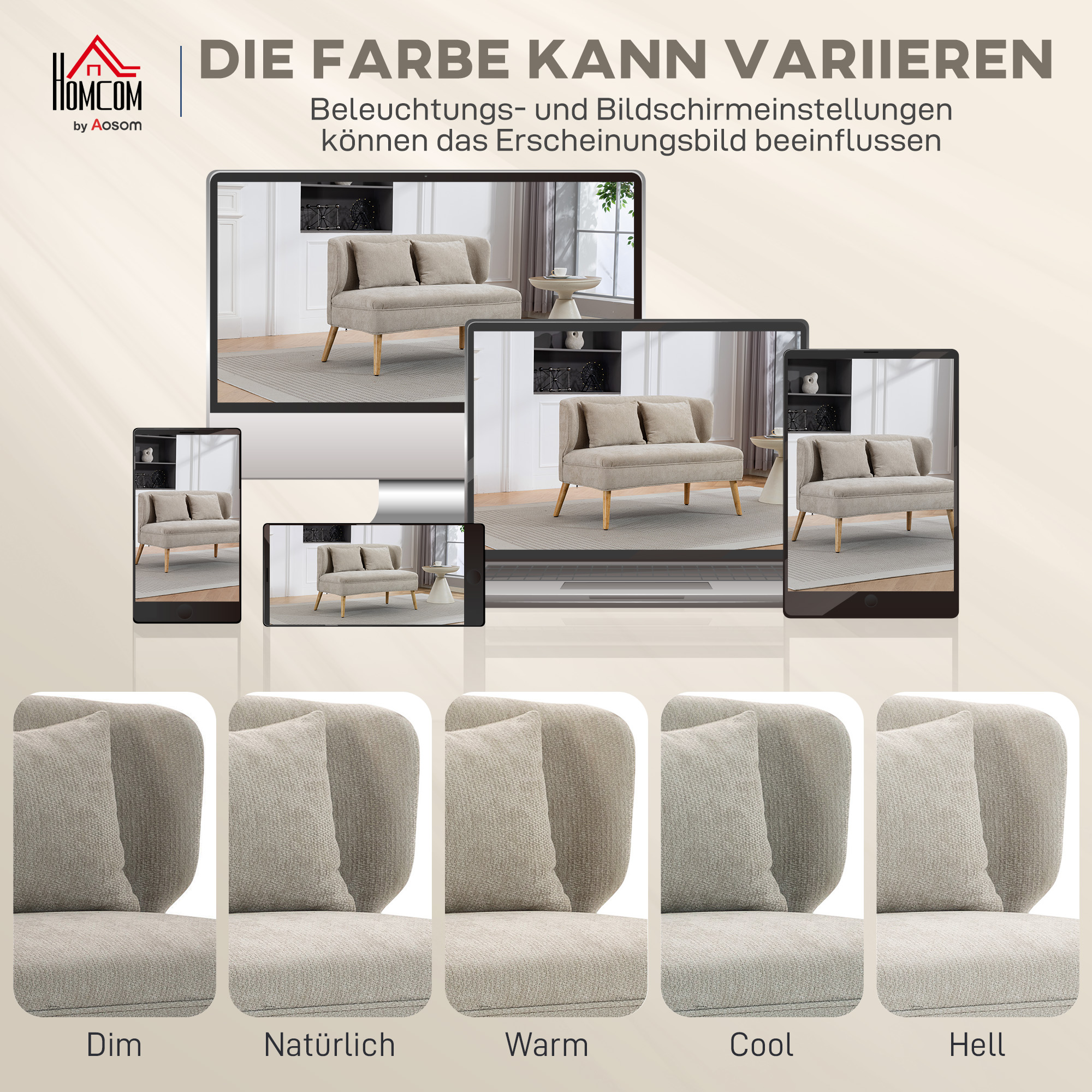 2-Sitzer-Sofa, kleines Chenille-Sofa mit Flügelrücken, dickem Sitz, Gummibaumholzfüßen, Beige