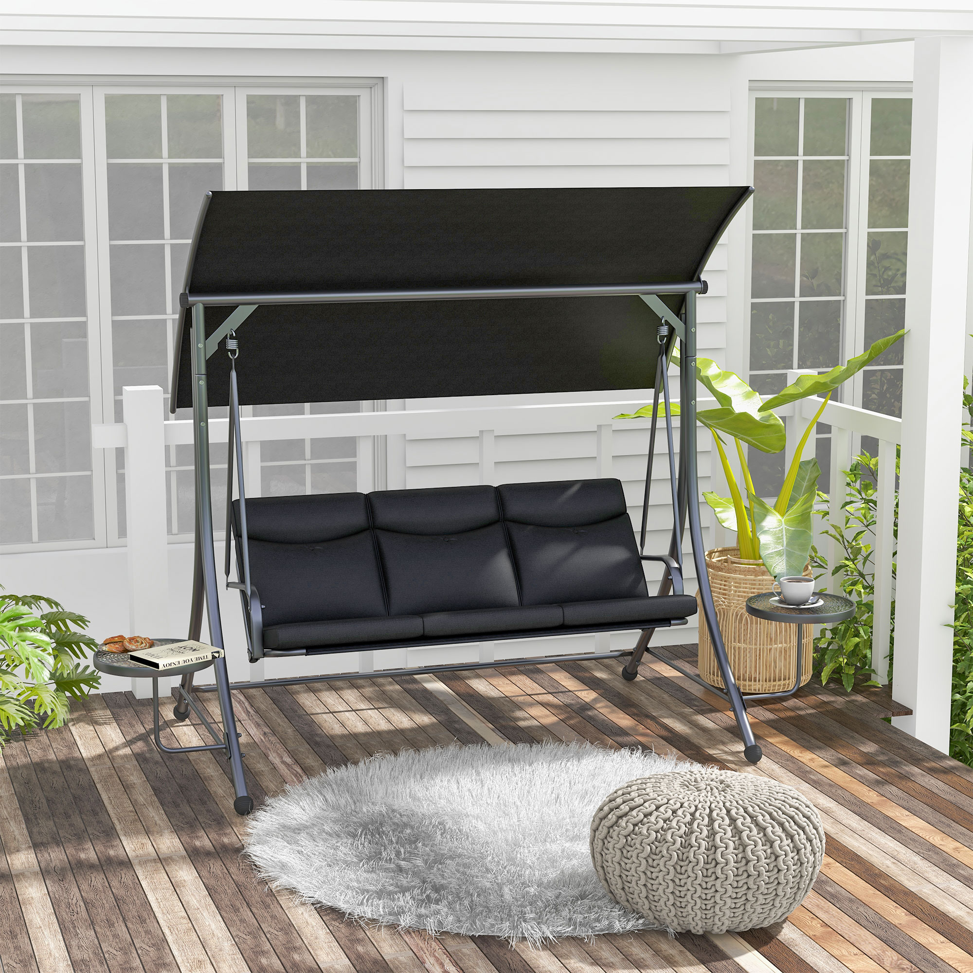 Hollywoodschaukel, Schaukelbank, 3-Sitzer Gartenschaukel mit verstellbarem Sonnendach, 278 x 135 x 177 cm, Schwarz