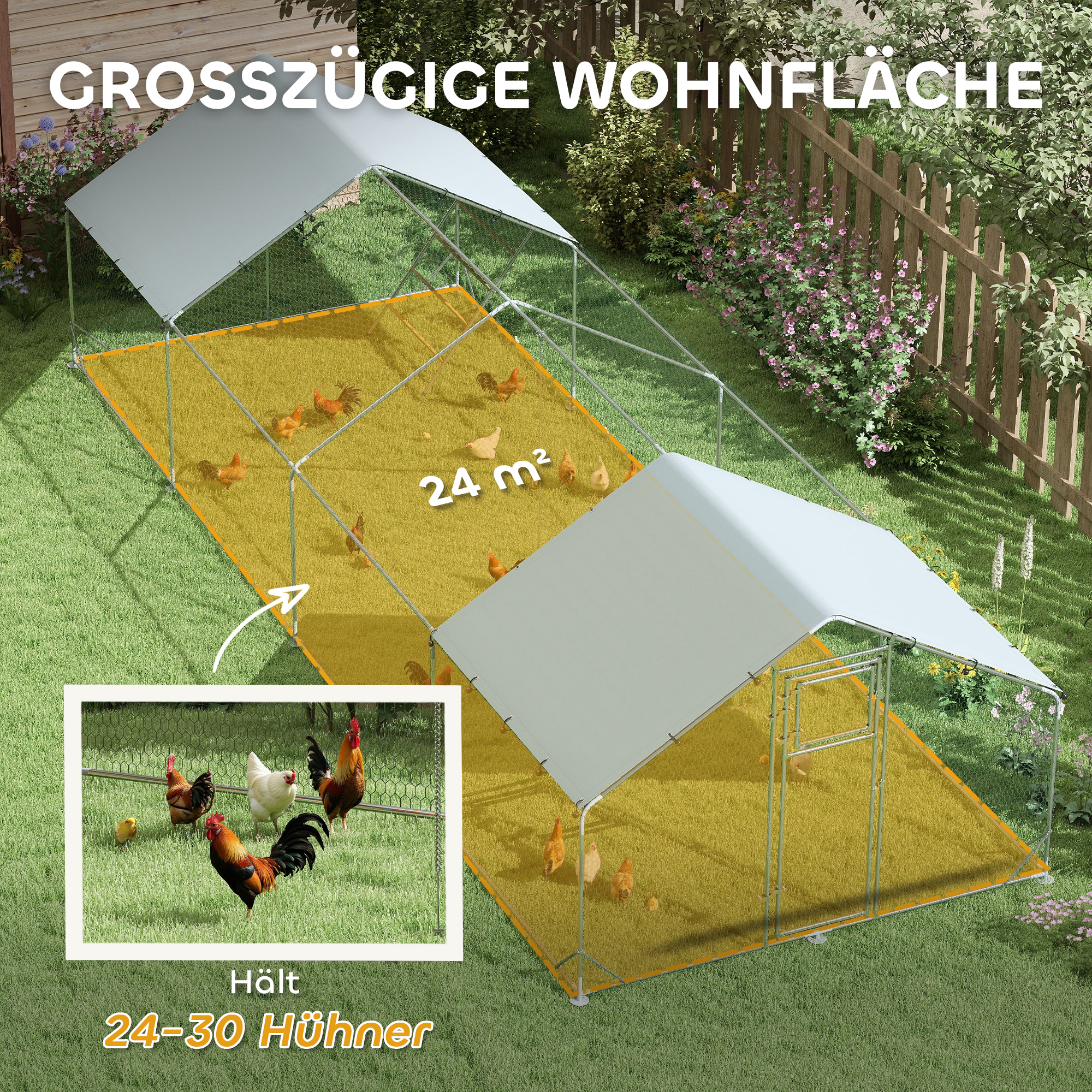 Hühnerstall, Freilaufgehege für Hühner, mit UV-beständiger Plane, Stahlgitter, Futterautomat, für 24-30 Hühner