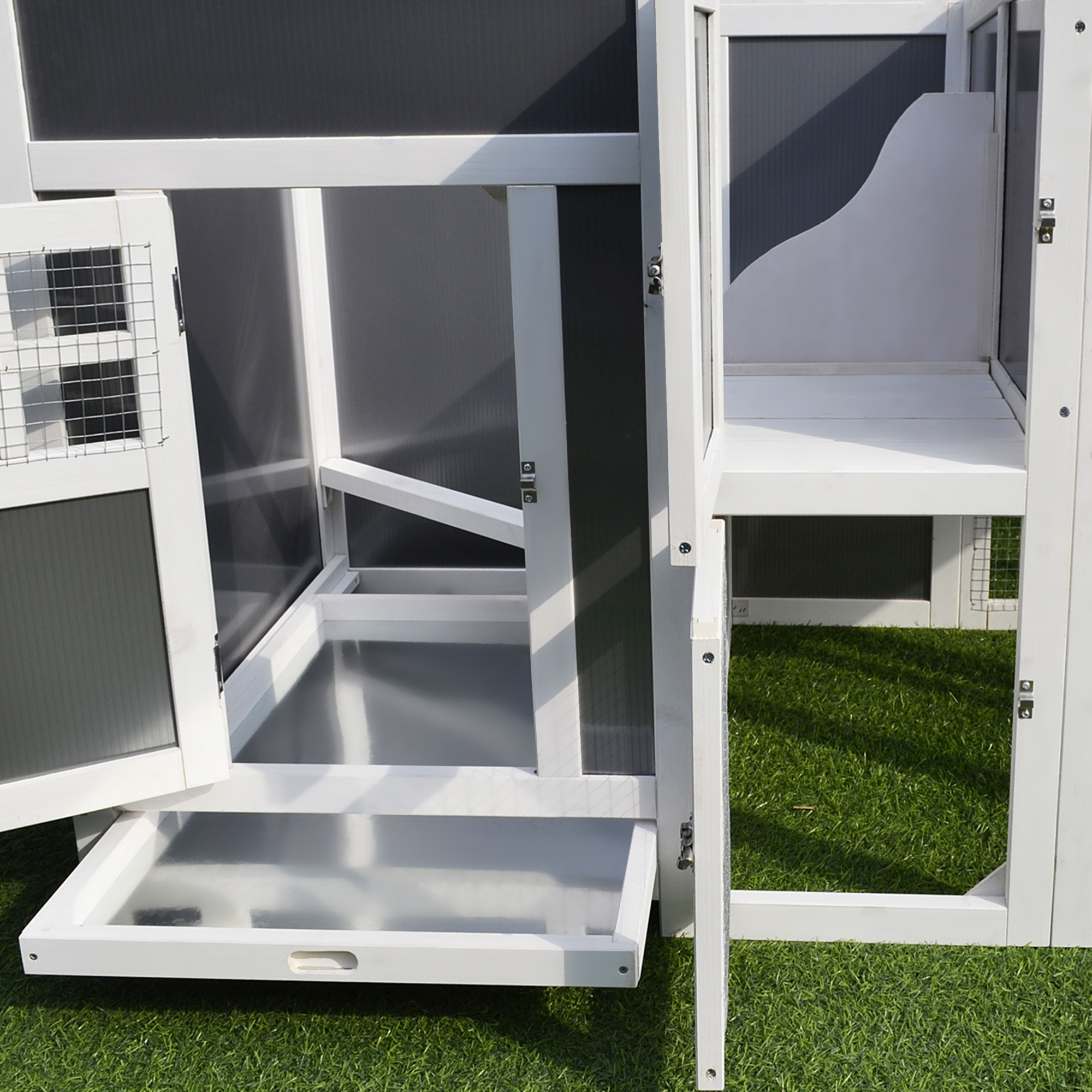 Hühnerstall Hühnerhaus Geeignet für 1-2 Hühner, mit Nistkasten Eierkiste mit 2 Fächern, Tanne, Grau+Weiß, 160 x 75 x 80 cm