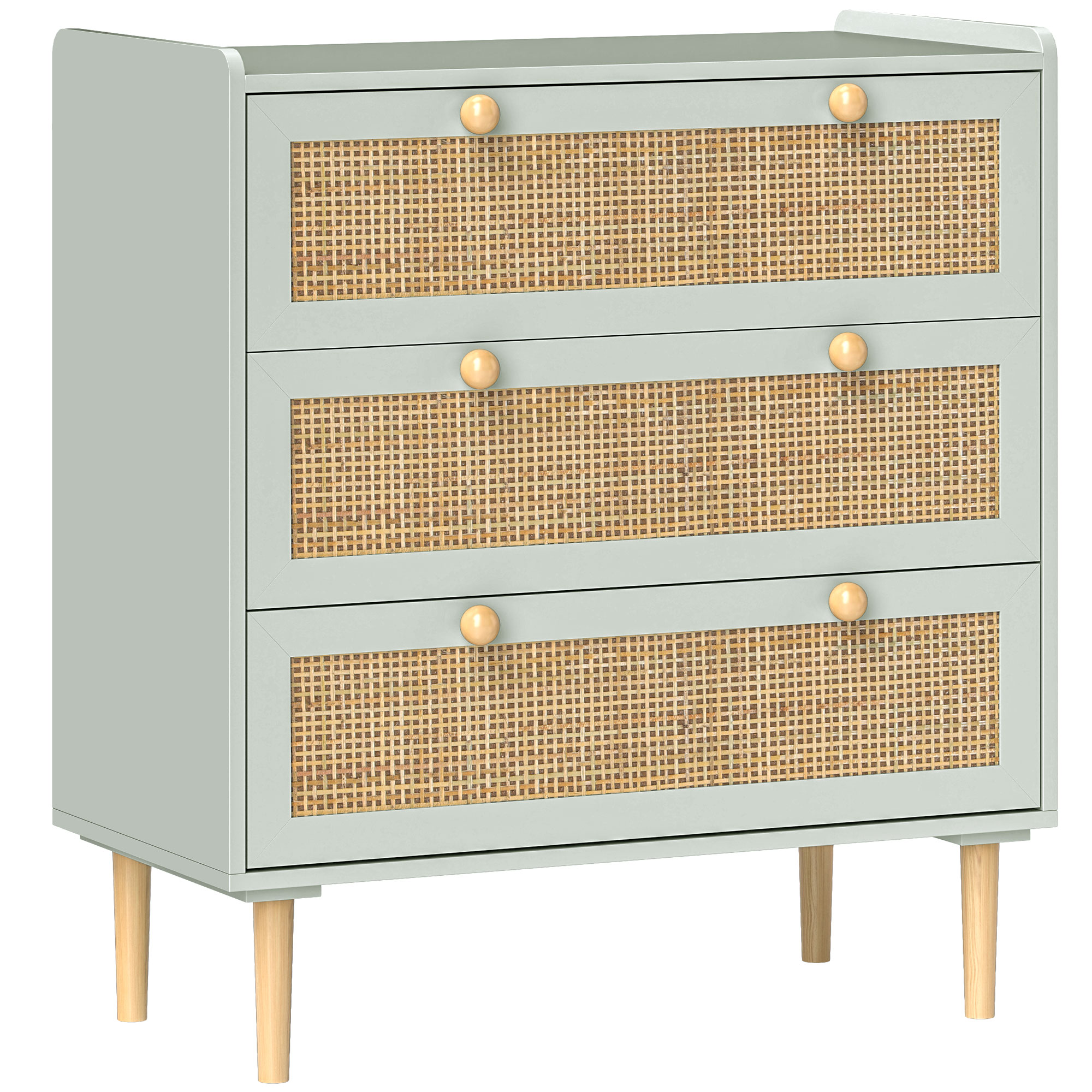 Schlafzimmer-Kommode mit 3 Schubladen, Rattan-Fronten, Kleiderkommode für Flur, Eingangsbereich, MDF, Grün